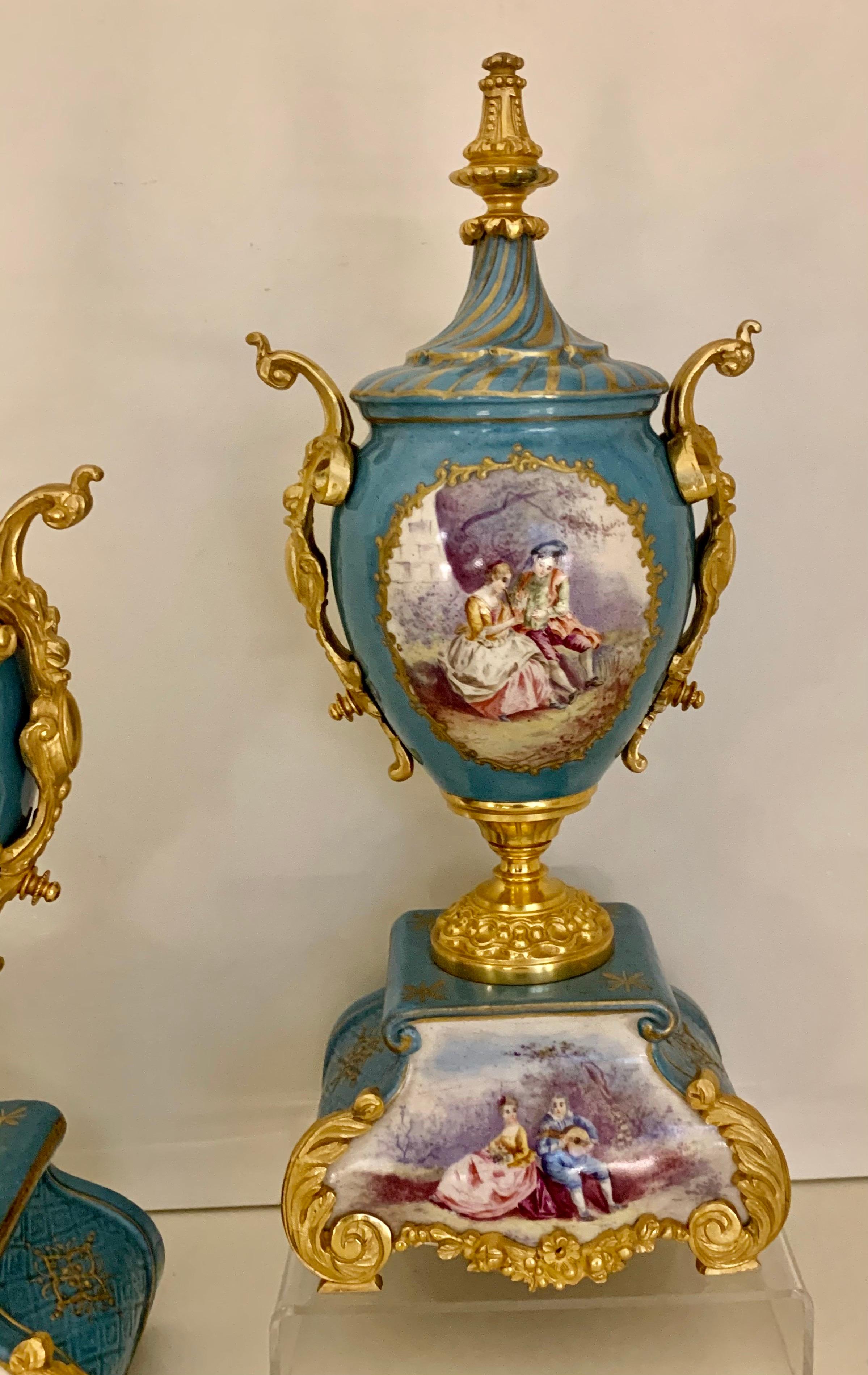 Grand Tour Fine Quality Pair of Sevres Bleu Celeste Gilt Bronze Porcelain Antique Vases