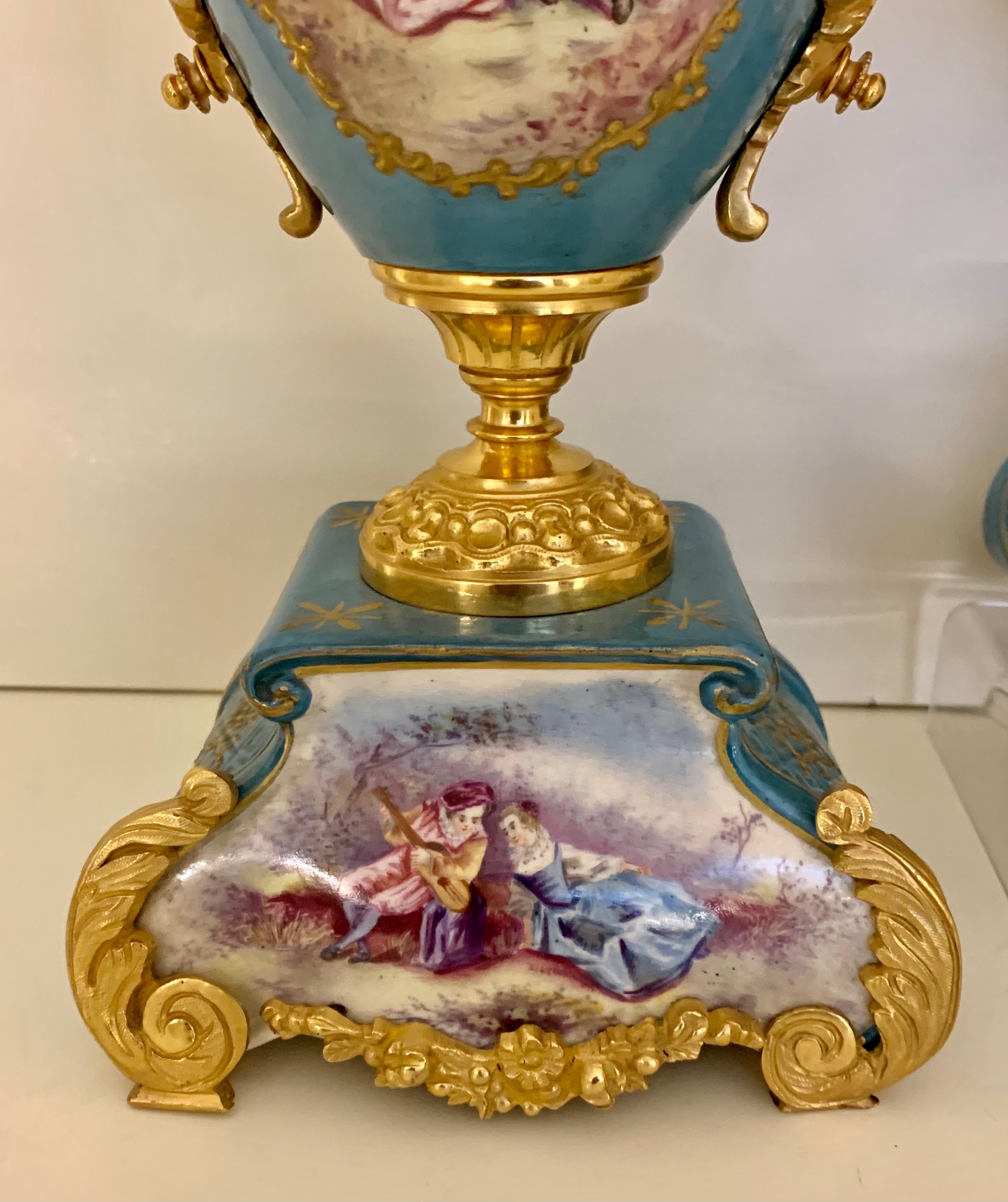French Fine Quality Pair of Sevres Bleu Celeste Gilt Bronze Porcelain Antique Vases