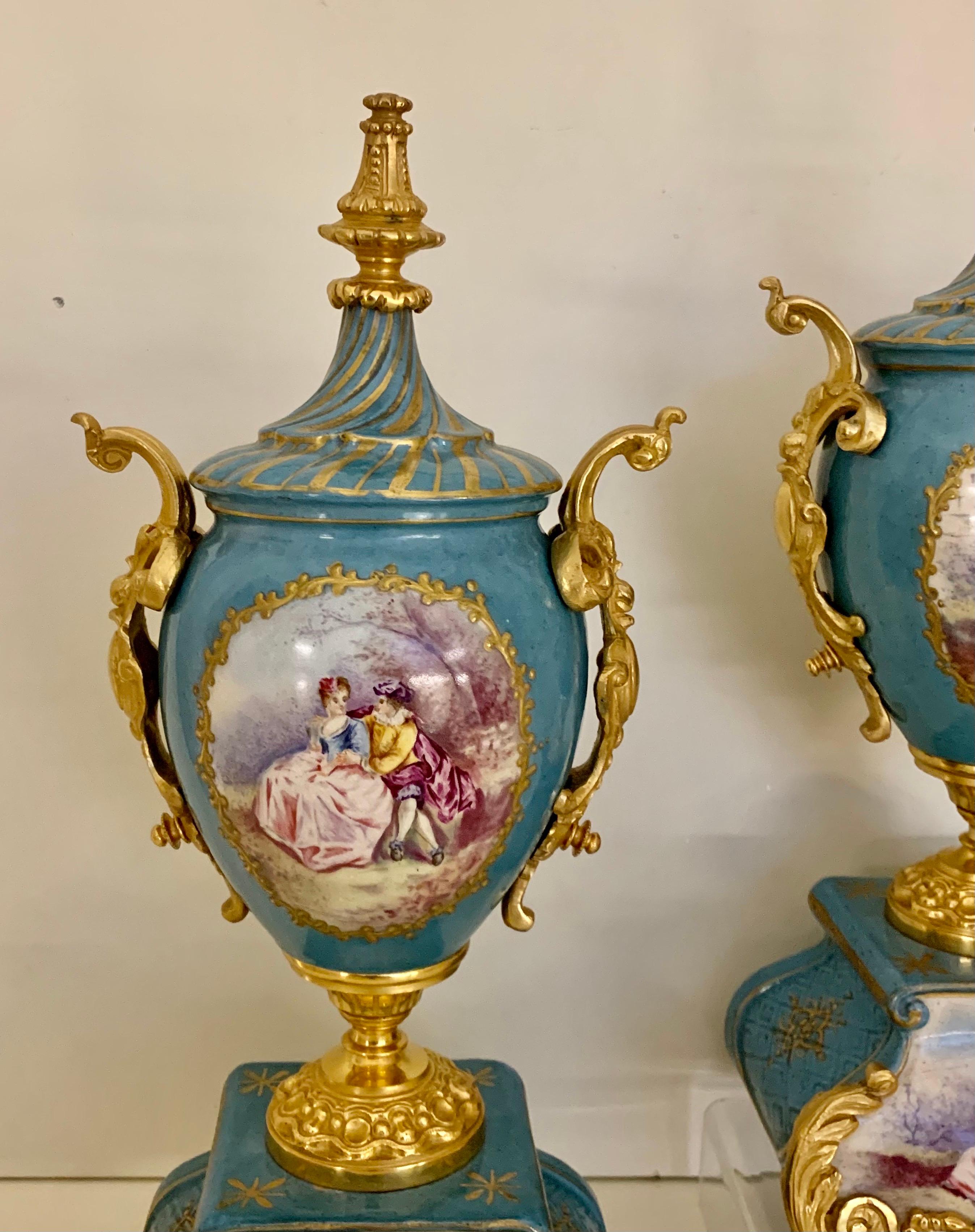 Fine Quality Pair of Sevres Bleu Celeste Gilt Bronze Porcelain Antique Vases In Good Condition In London, GB