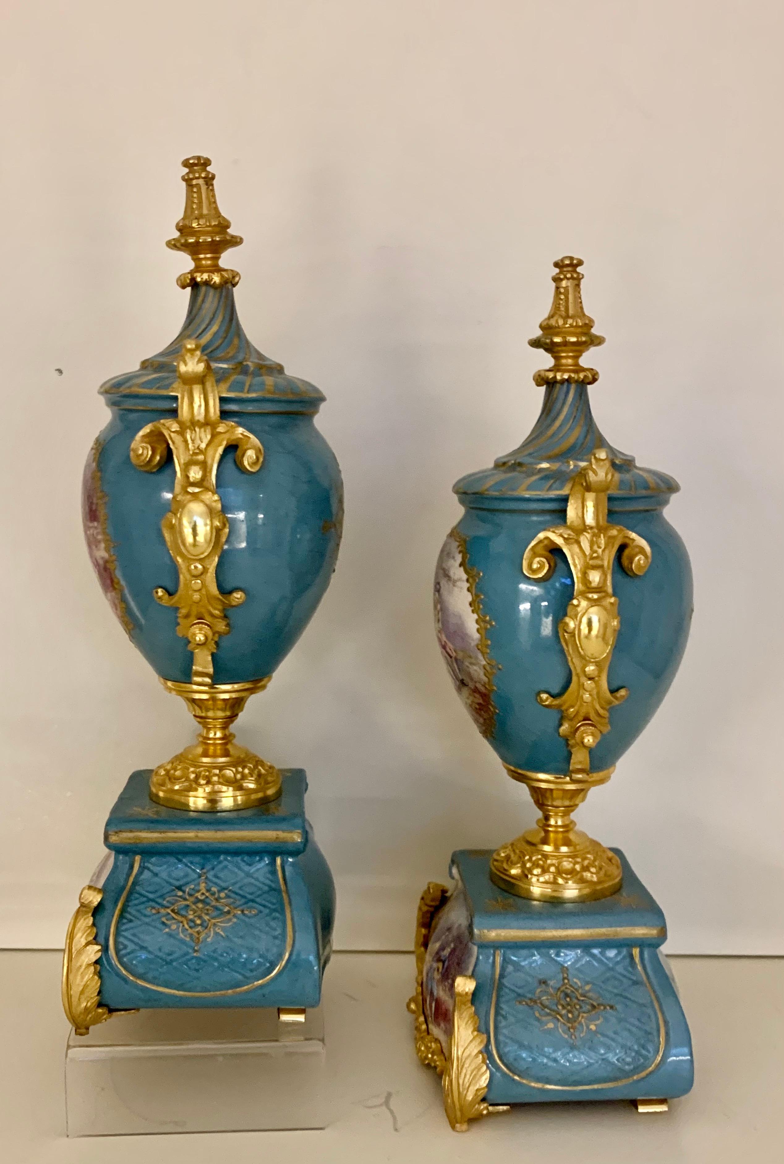 19th Century Fine Quality Pair of Sevres Bleu Celeste Gilt Bronze Porcelain Antique Vases