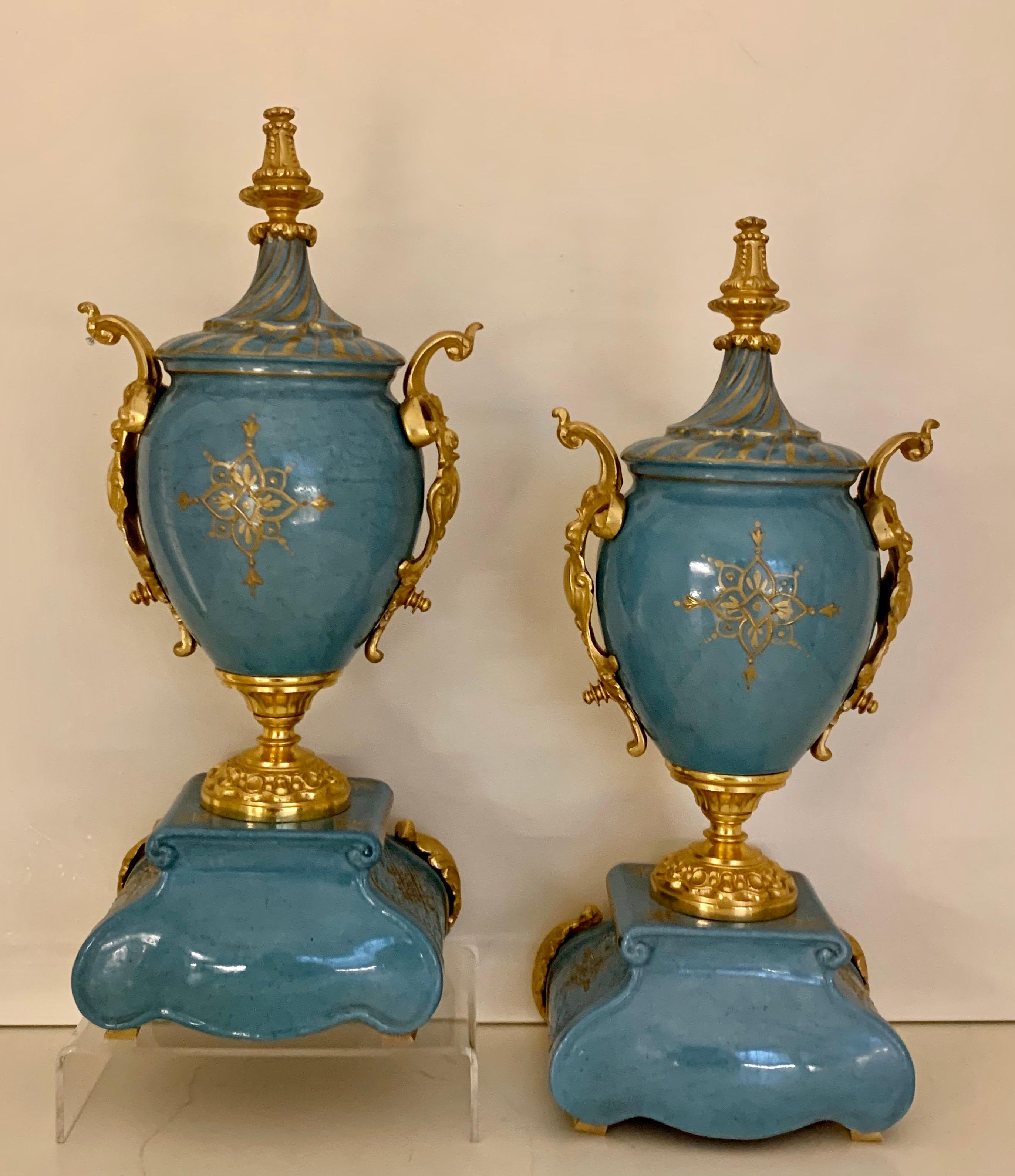 Fine Quality Pair of Sevres Bleu Celeste Gilt Bronze Porcelain Antique Vases 1