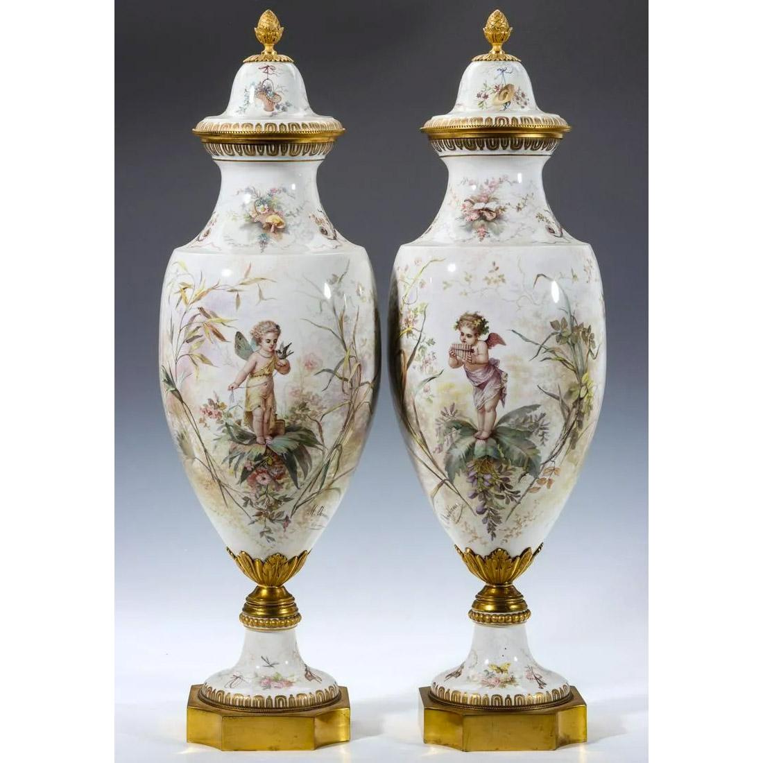 Gilt Fine Quality Pair of Sèvres Style Porcelain Vases and Cover by M. Demonceaux For Sale