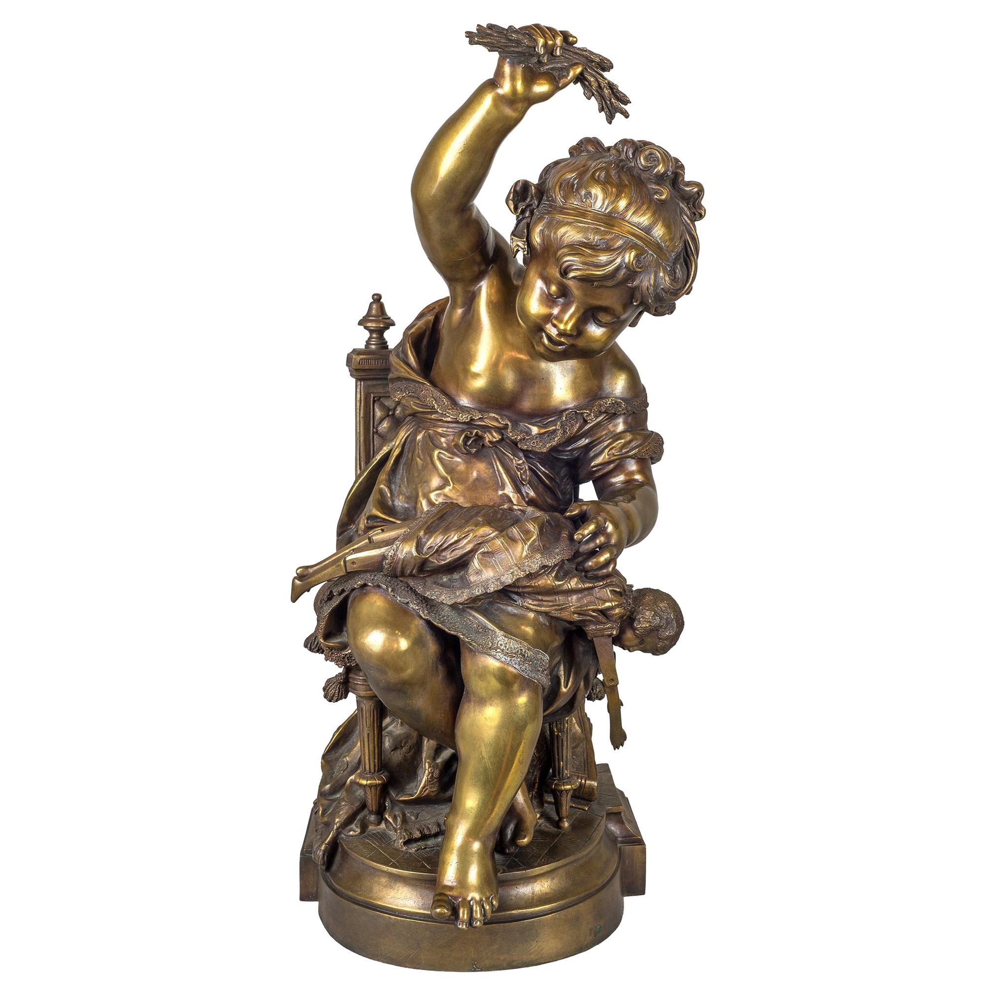 Fine Quality Patinated Bronze Sculpture of a Girl with Doll by Auguste Moreau
