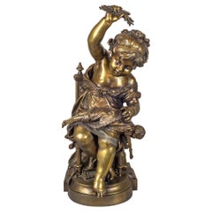 Fine Quality Patinated Bronze Sculpture of a Girl with Doll by Auguste Moreau