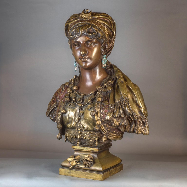 French  Polychrome-Patinated Bronze Bust by A. Gaudez For Sale