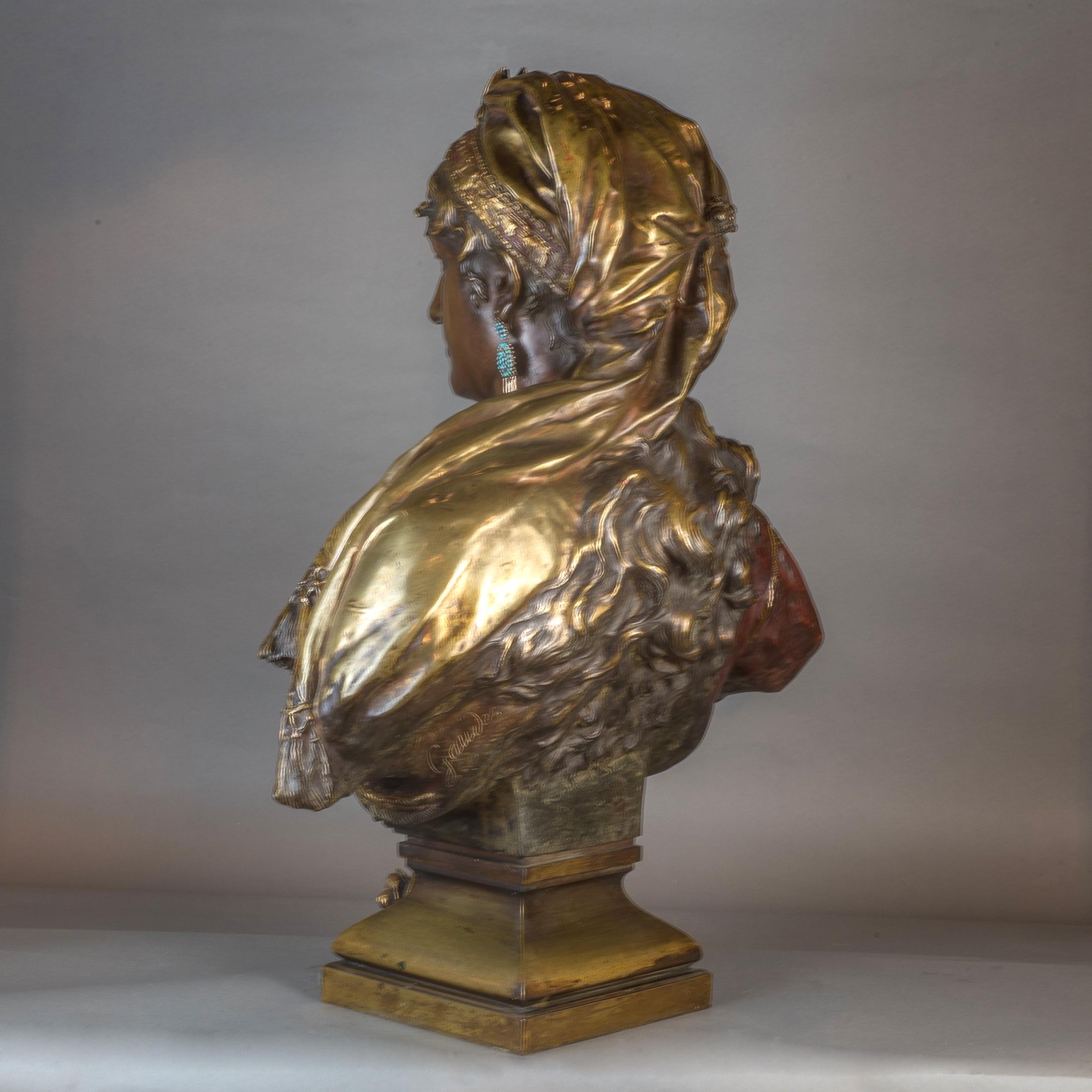 French  Polychrome-Patinated Bronze Bust by A. Gaudez For Sale