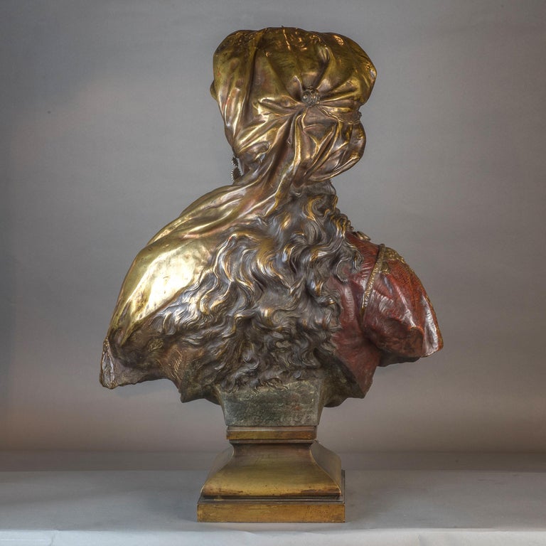 19th Century  Polychrome-Patinated Bronze Bust by A. Gaudez For Sale