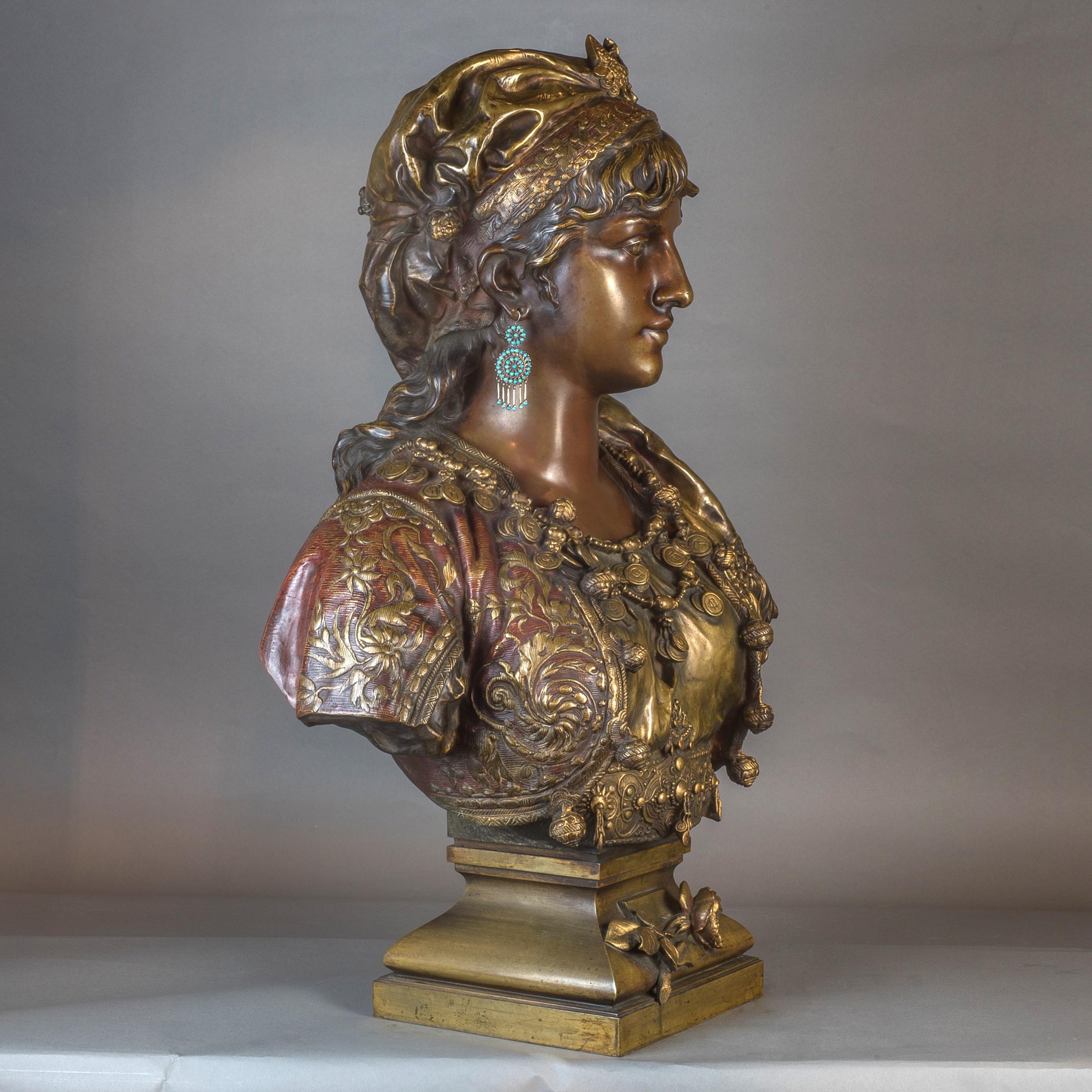 19th Century  Polychrome-Patinated Bronze Bust by A. Gaudez For Sale