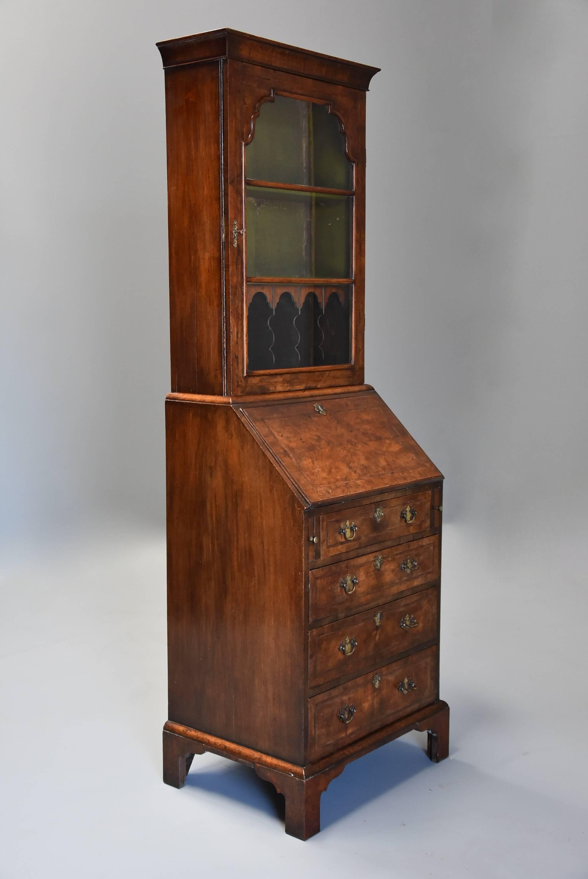 English Fine Quality Queen Anne Style Walnut Bureau Bookcase of Small Proportions For Sale