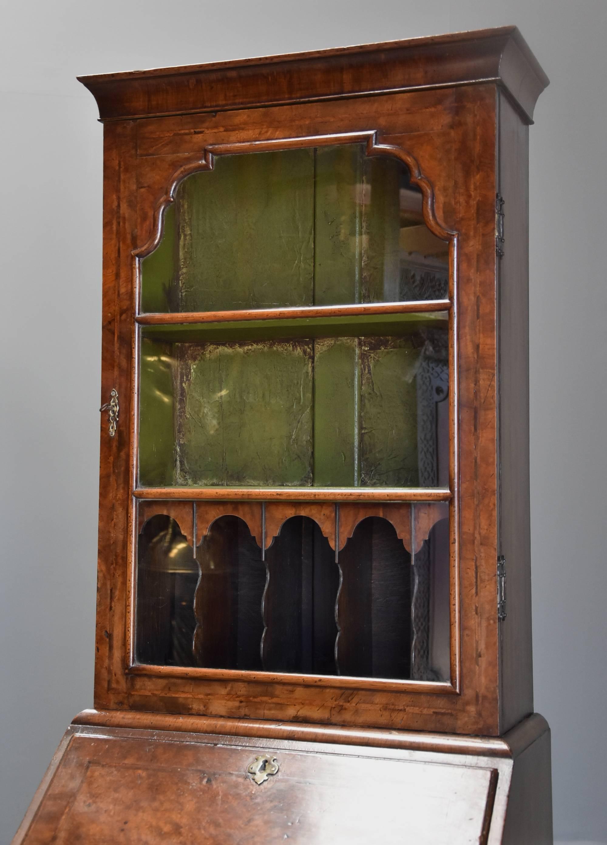 20th Century Fine Quality Queen Anne Style Walnut Bureau Bookcase of Small Proportions For Sale