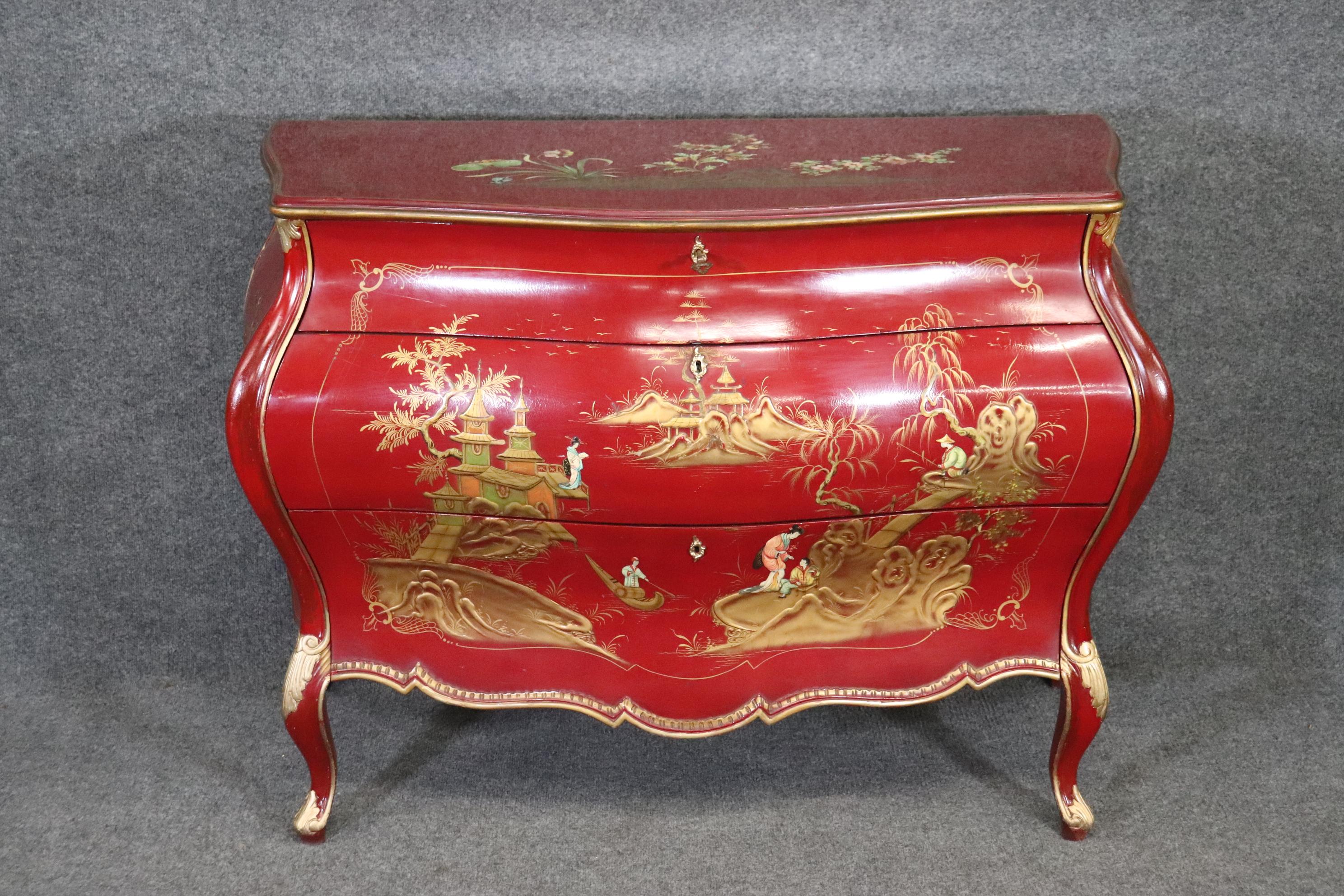 Mid-20th Century Fine Quality Rare Red Chinoiserie French Louis XV Bombe Form Commode