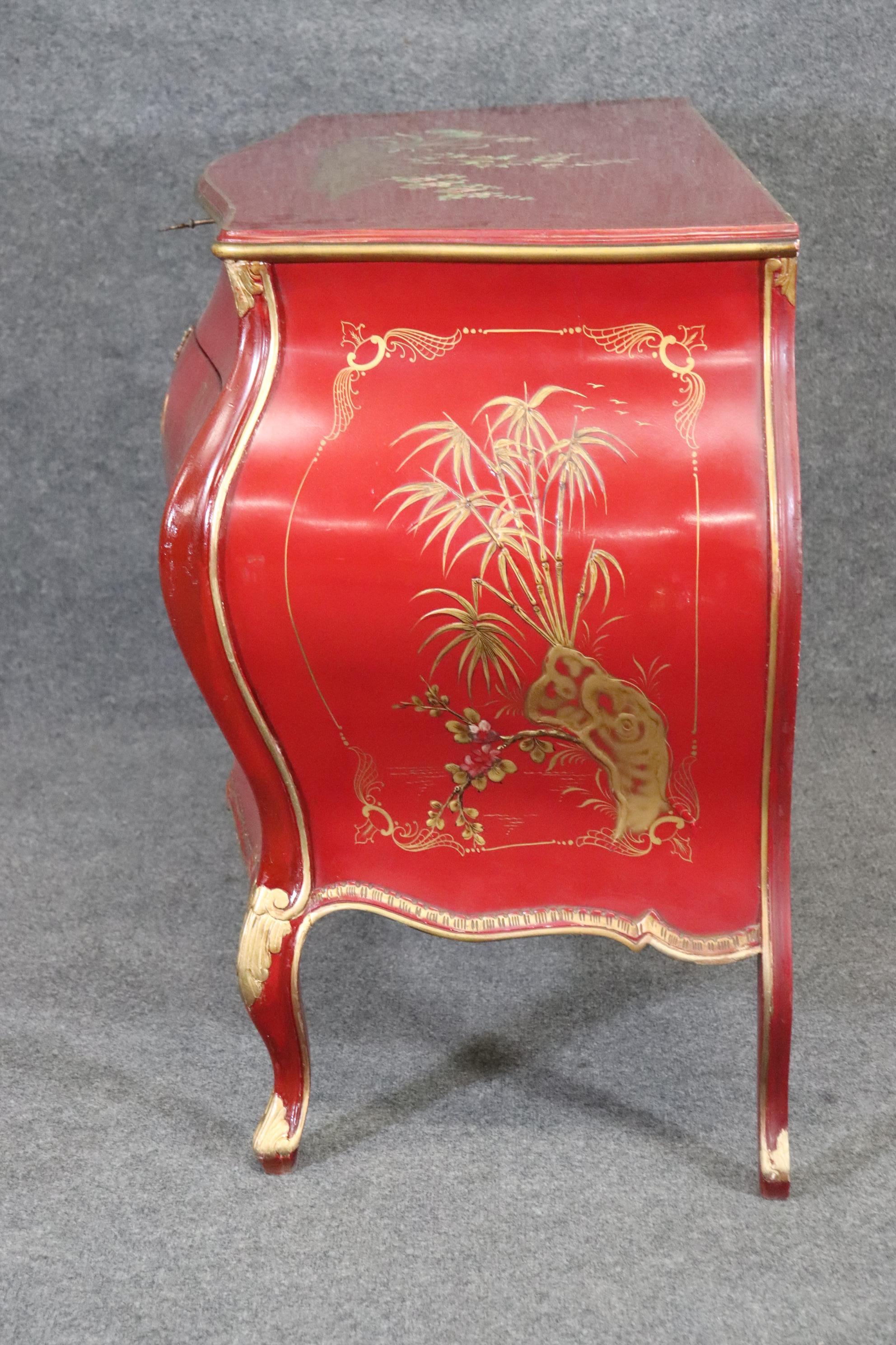 Walnut Fine Quality Rare Red Chinoiserie French Louis XV Bombe Form Commode