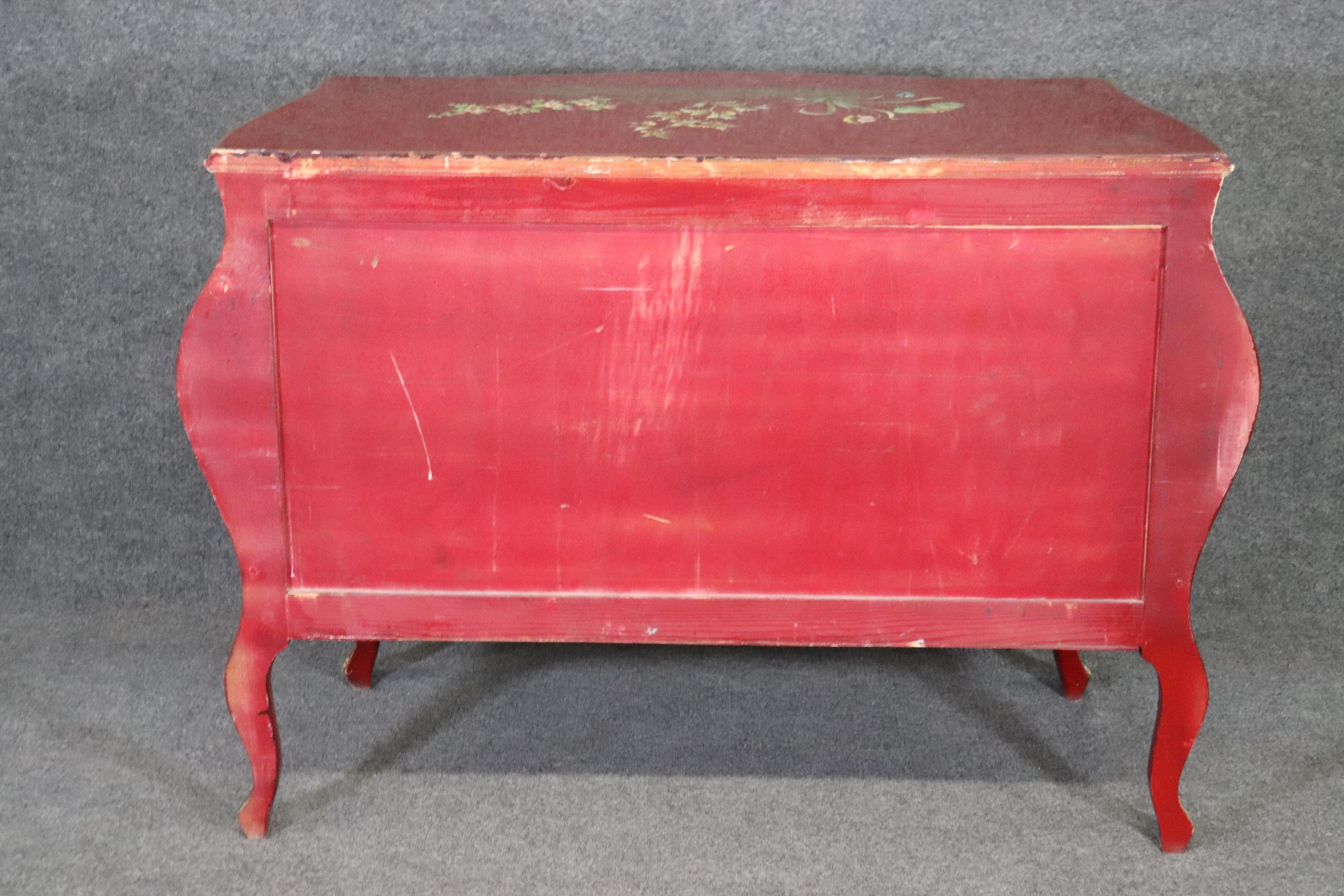 Fine Quality Rare Red Chinoiserie French Louis XV Bombe Form Commode 1