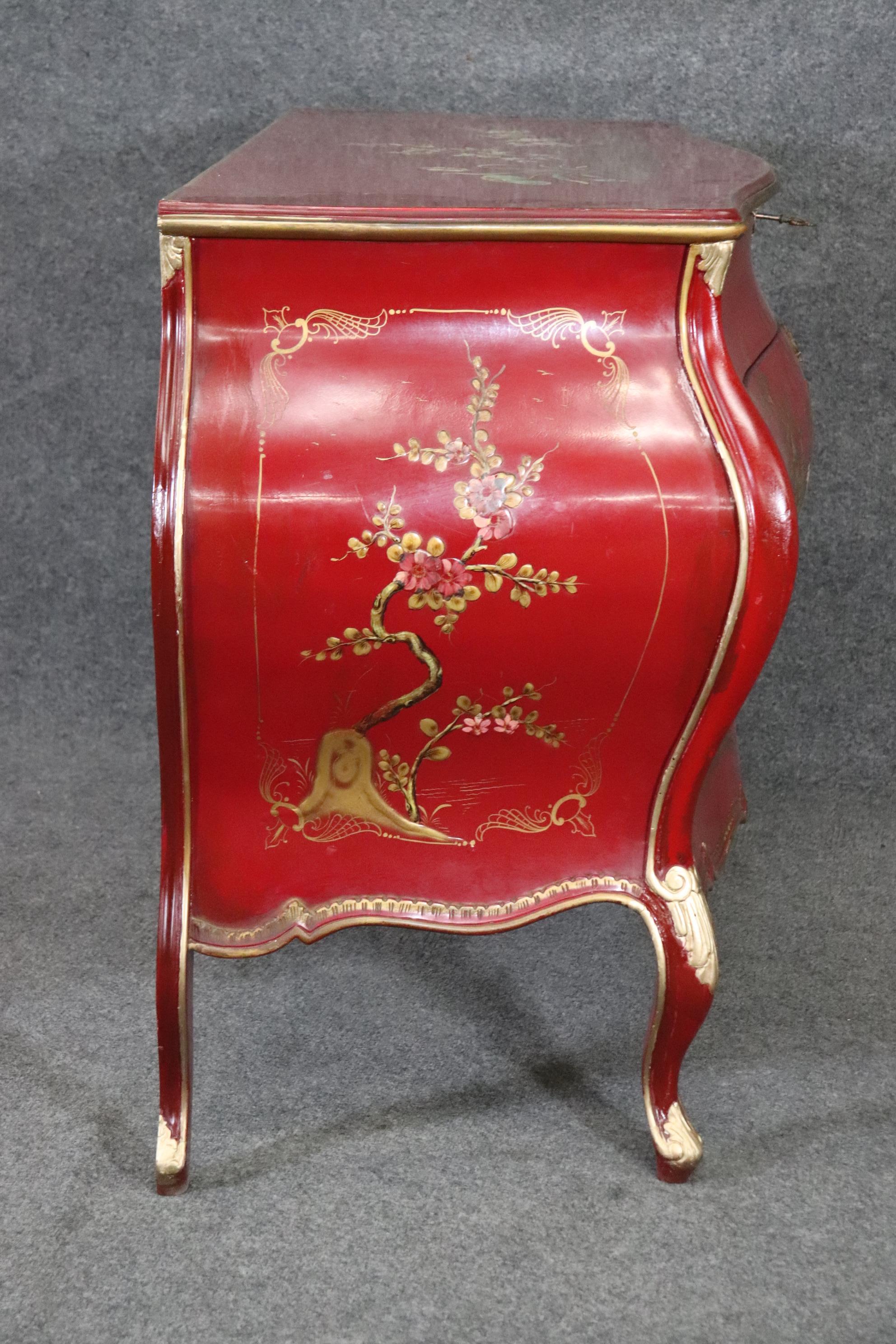 Fine Quality Rare Red Chinoiserie French Louis XV Bombe Form Commode 2