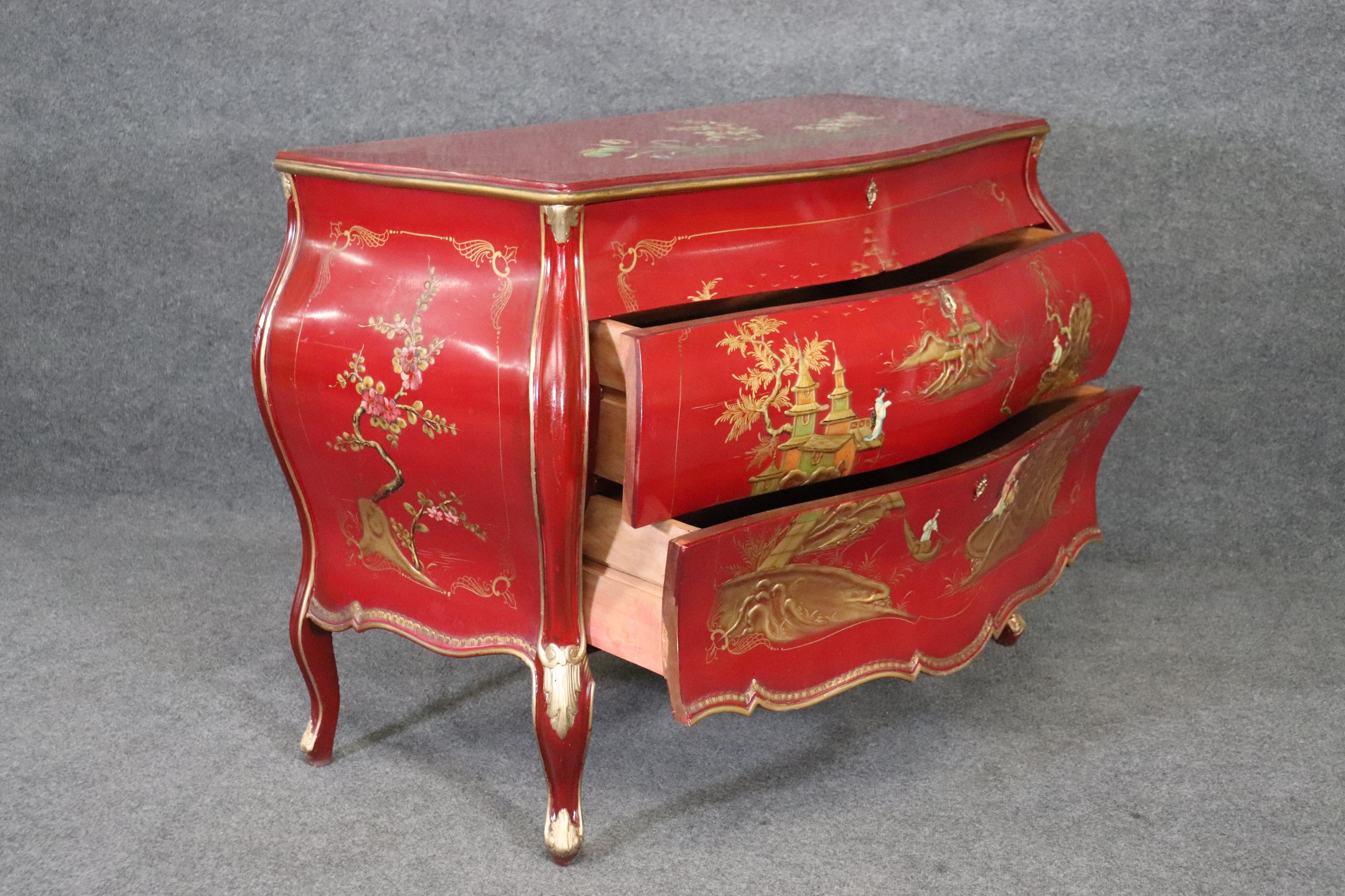 Fine Quality Rare Red Chinoiserie French Louis XV Bombe Form Commode 3