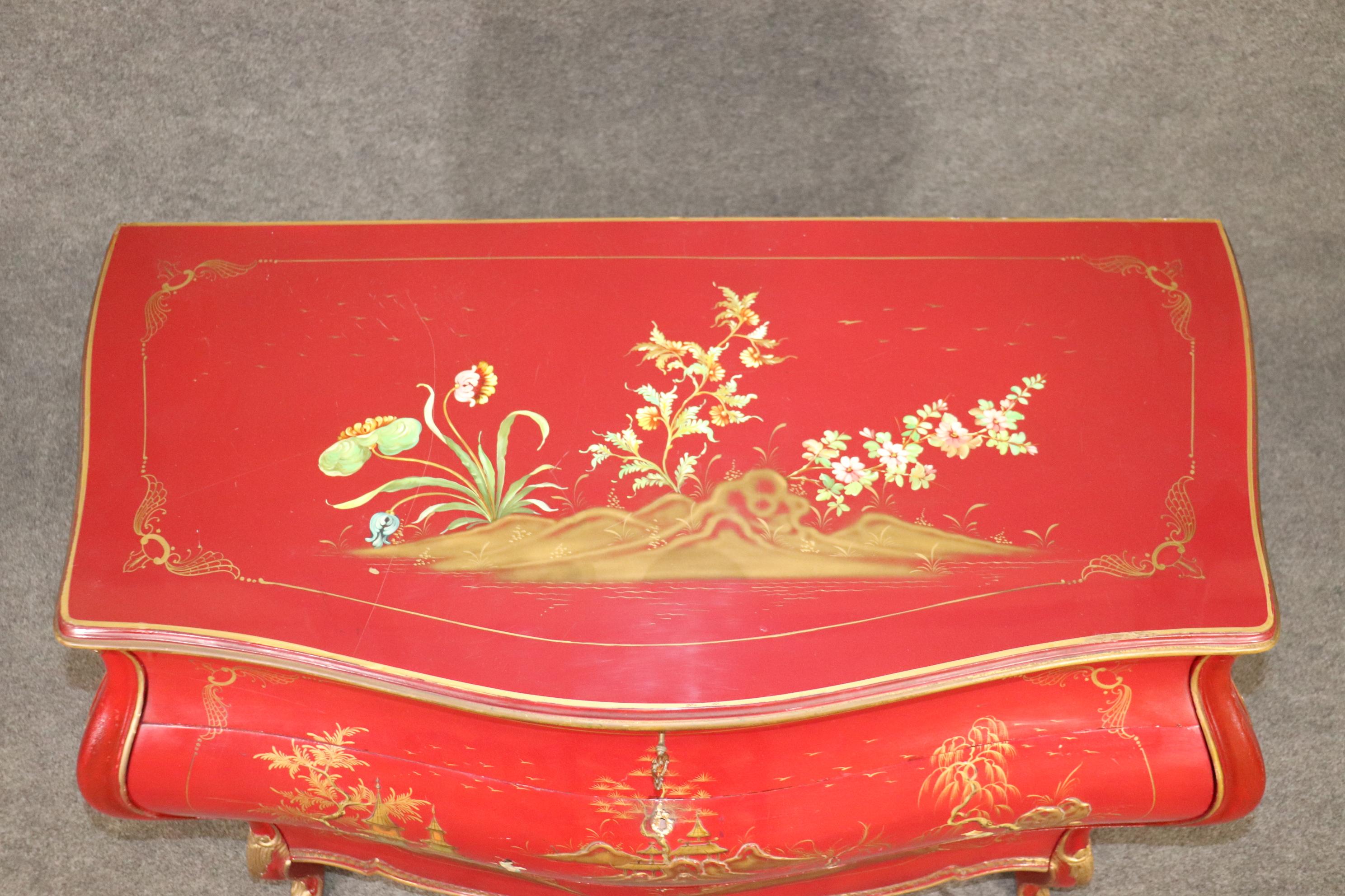 Fine Quality Rare Red Chinoiserie French Louis XV Bombe Form Commode 4