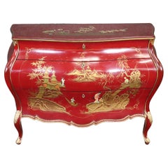 Fine Quality Rare Red Chinoiserie French Louis XV Bombe Form Commode