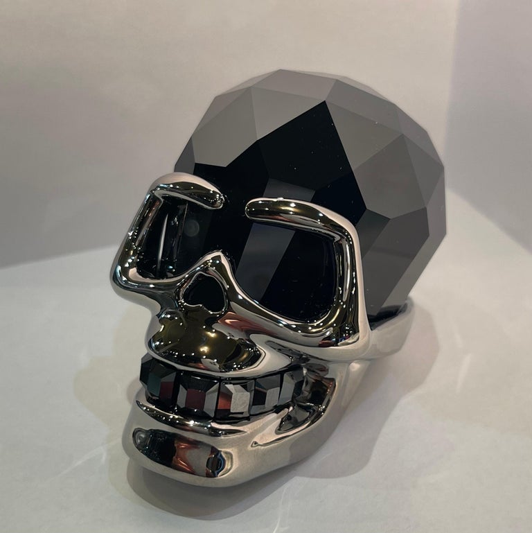 Austrian Fine Quality Retired Swarovski Crystal Faceted Jet Hematite Skull Figurine For Sale