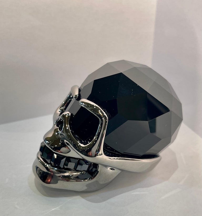 Hand-Crafted Fine Quality Retired Swarovski Crystal Faceted Jet Hematite Skull Figurine For Sale