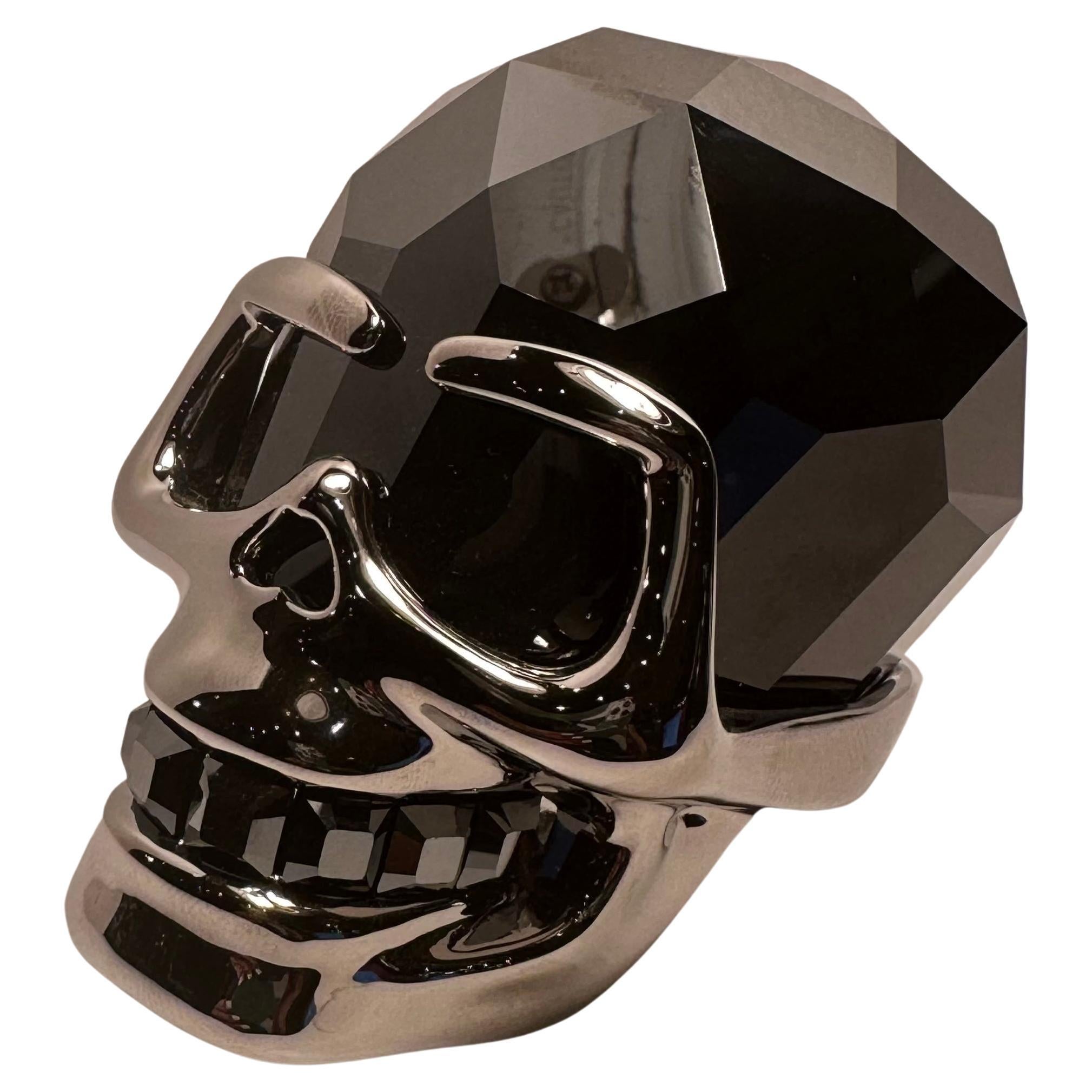 Fine Quality Retired Swarovski Crystal Faceted Jet Hematite Skull Figurine  For Sale