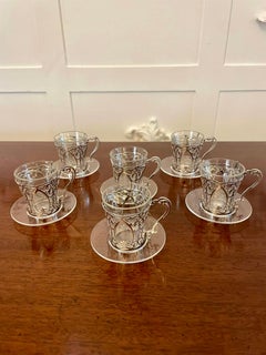 Fine Quality Set of 6 Antique Edwardian Solid Silver and Glass Coffee Cups