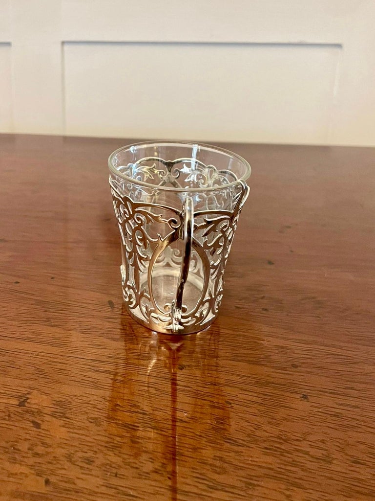 Fine Quality Set of 6 Antique Edwardian Solid Silver and Glass Coffee Cups For Sale at 1stDibs