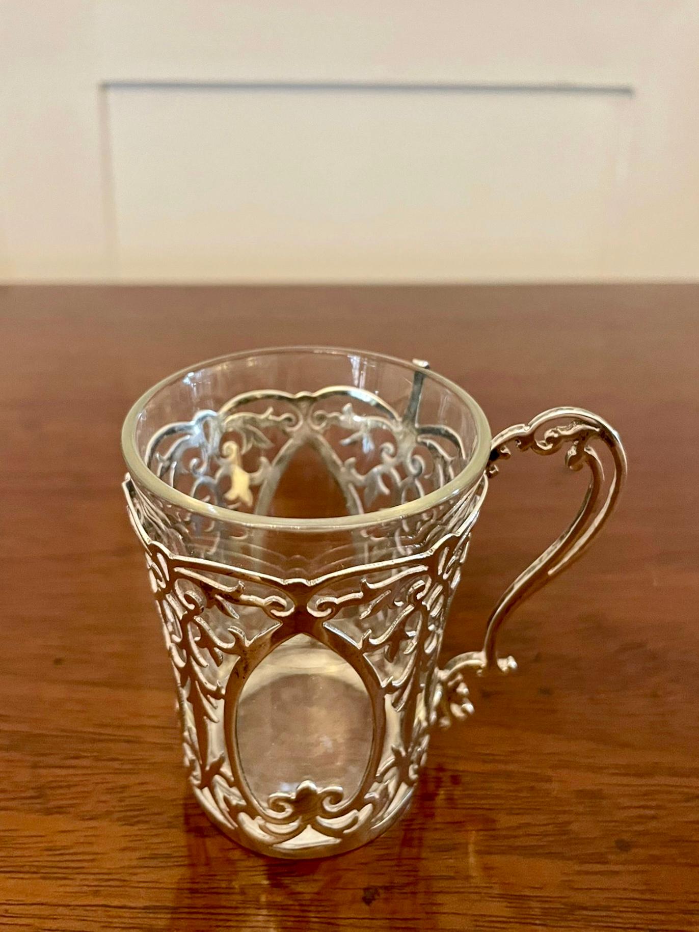 Fine Quality Set of 6 Antique Edwardian Solid Silver and Glass Coffee Cups For Sale 2
