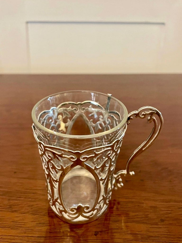 Fine Quality Set of 6 Antique Edwardian Solid Silver and Glass Coffee