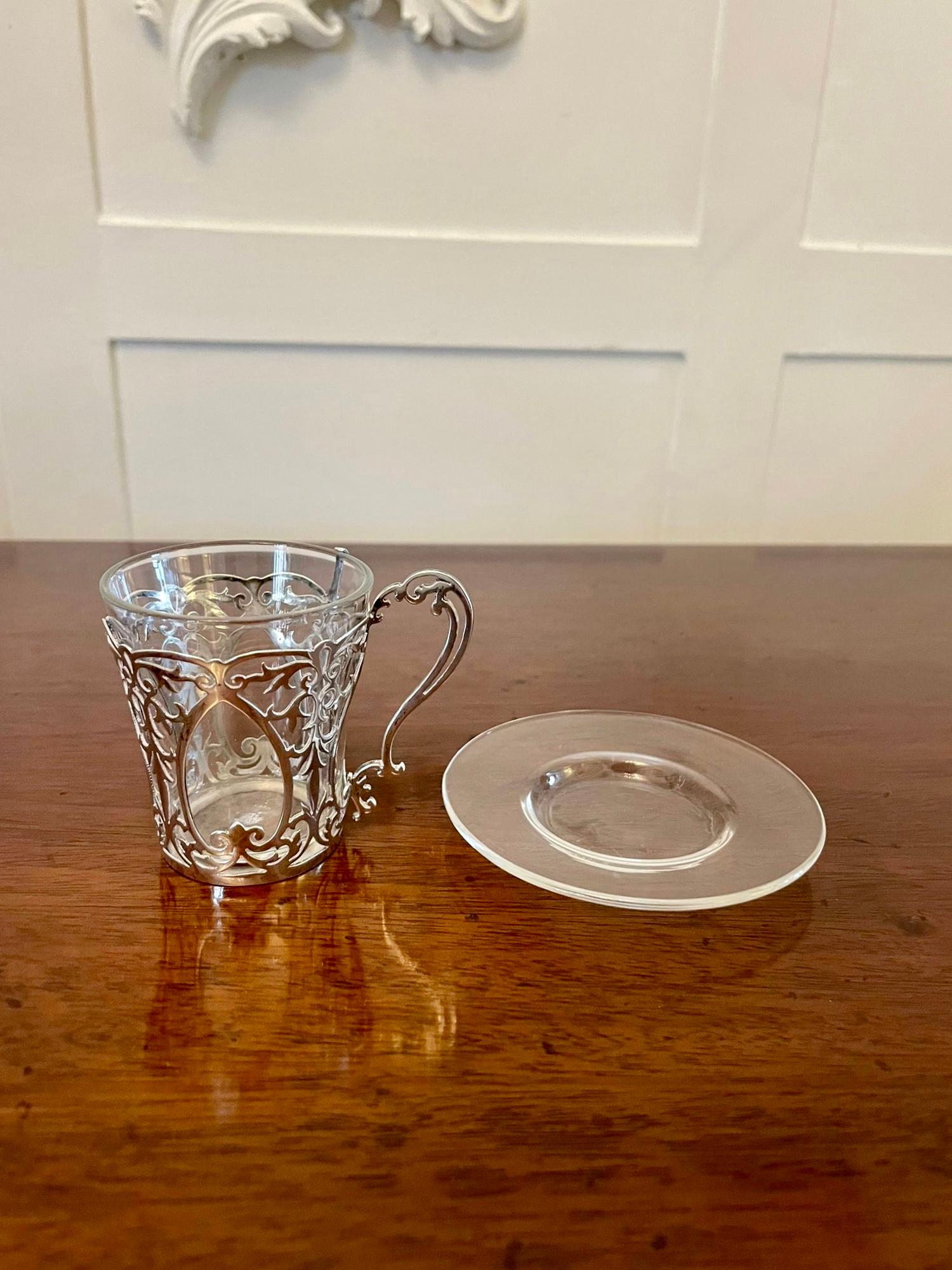 Fine Quality Set of 6 Antique Edwardian Solid Silver and Glass Coffee Cups For Sale 3