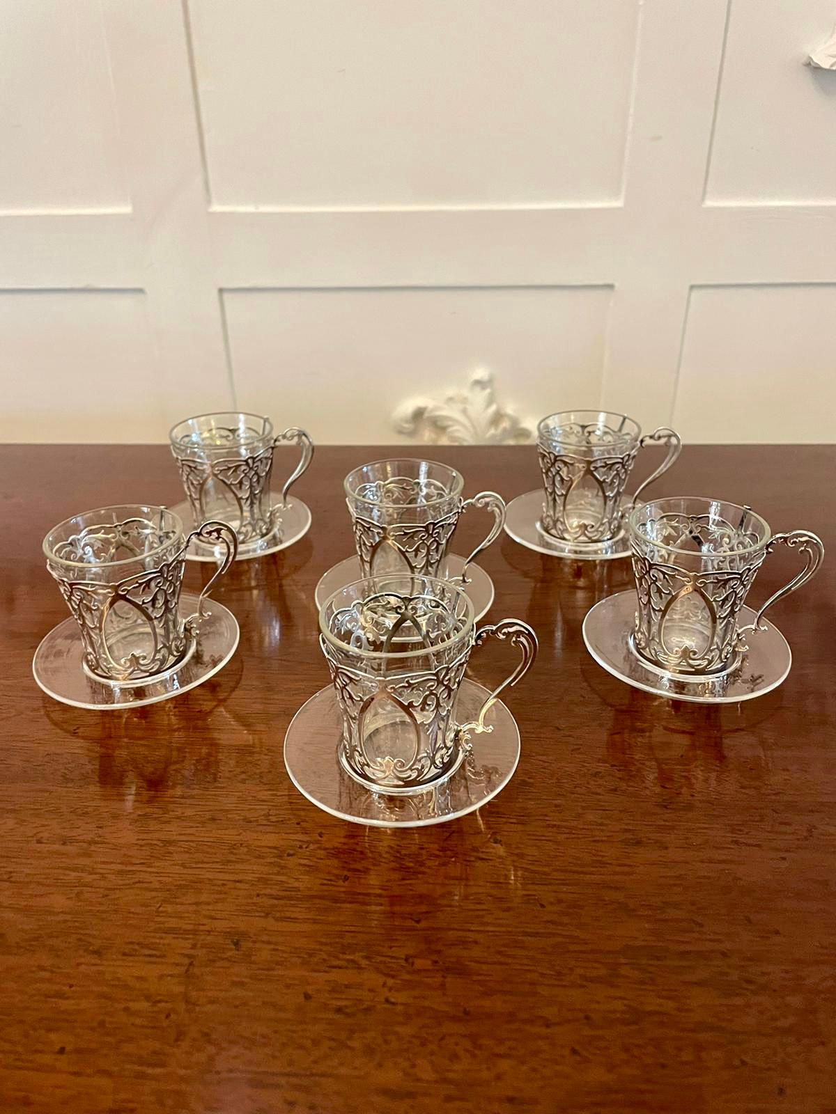 Fine Quality Set of 6 Antique Edwardian Solid Silver and Glass Coffee Cups For Sale 4