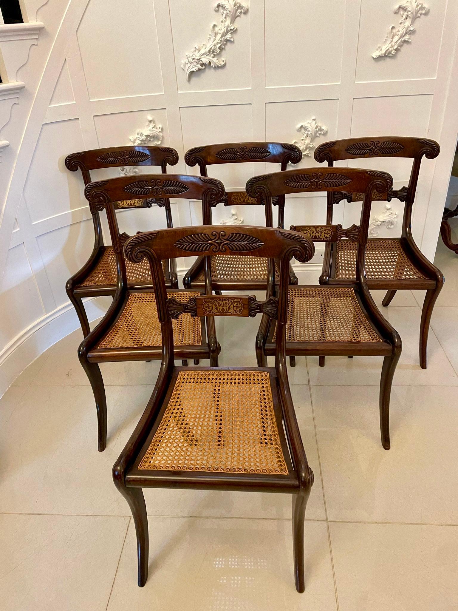 Fine quality set of 6 antique Regency rosewood brass inlaid dining chairs having a fine quality carved rosewood back with a beautifully inlaid brass and carved rosewood splat to the centre, original cane seats standing on sabre legs to the front and