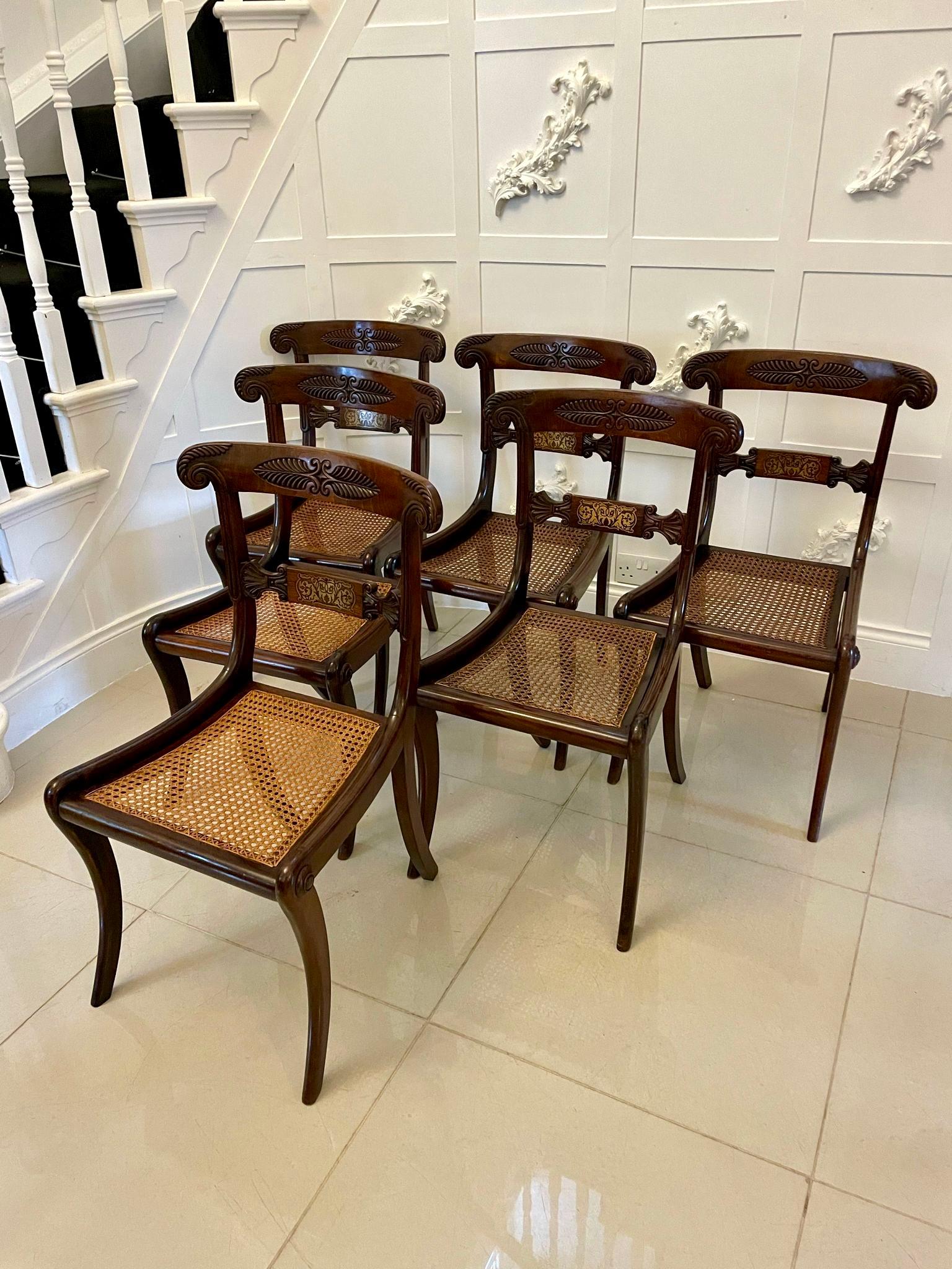 English Fine Quality Set of 6 Antique Regency Rosewood Brass Inlaid Dining Chairs For Sale