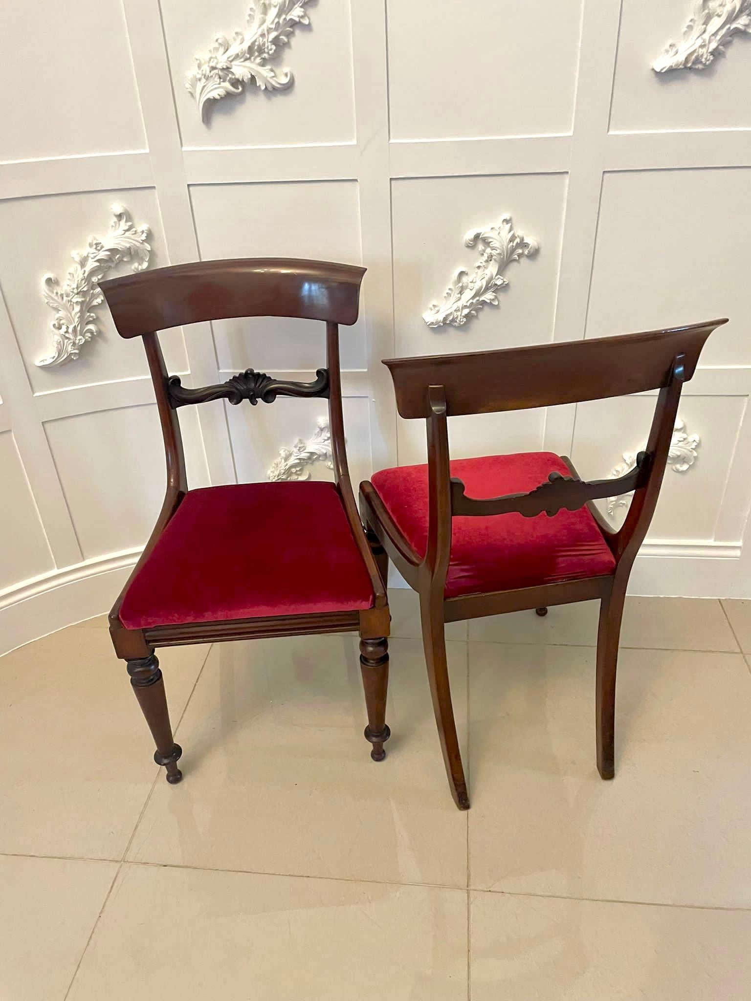 Fine quality set of 8 William IV mahogany dining chairs consisting of 2 elbow chairs and 6 single chairs 
having a quality mahogany shaped top rail, carved mahogany shaped splat to the centre. The elbow chairs having scroll shaped open arms all