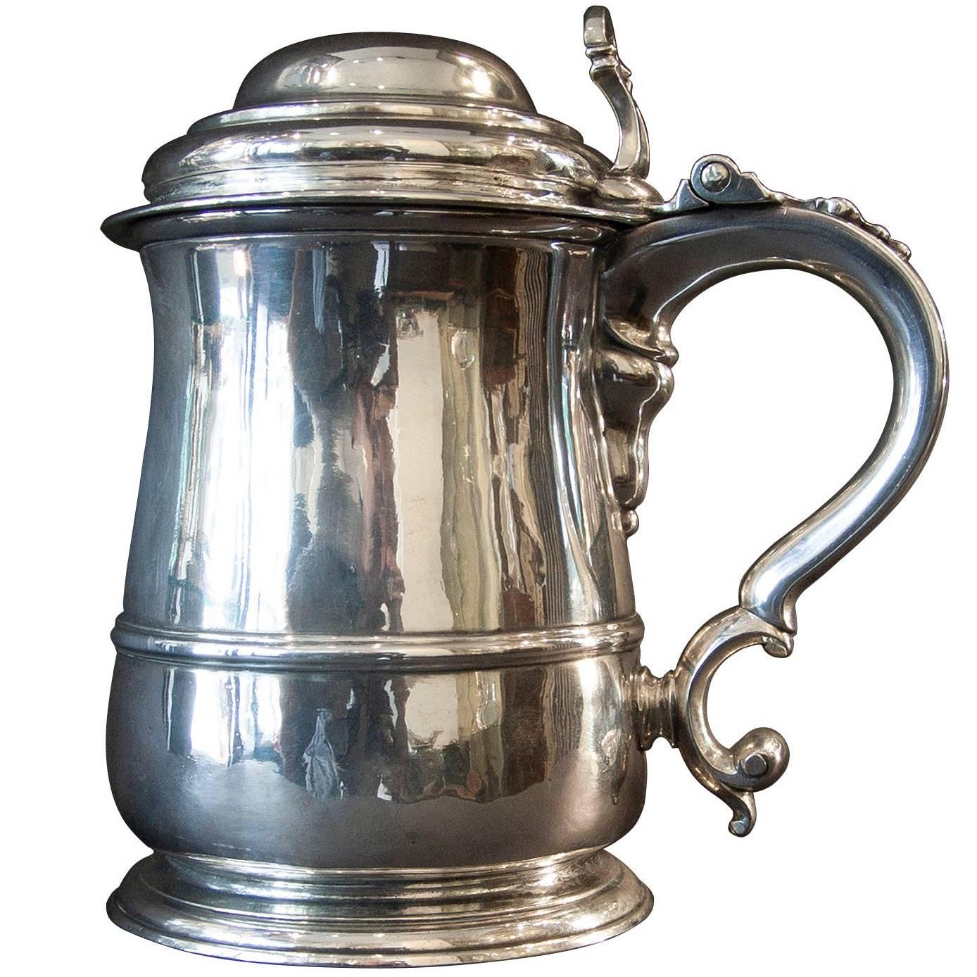 Fine Quality Sterling Silver George II Covered / Lidded Belly Quart Tankard