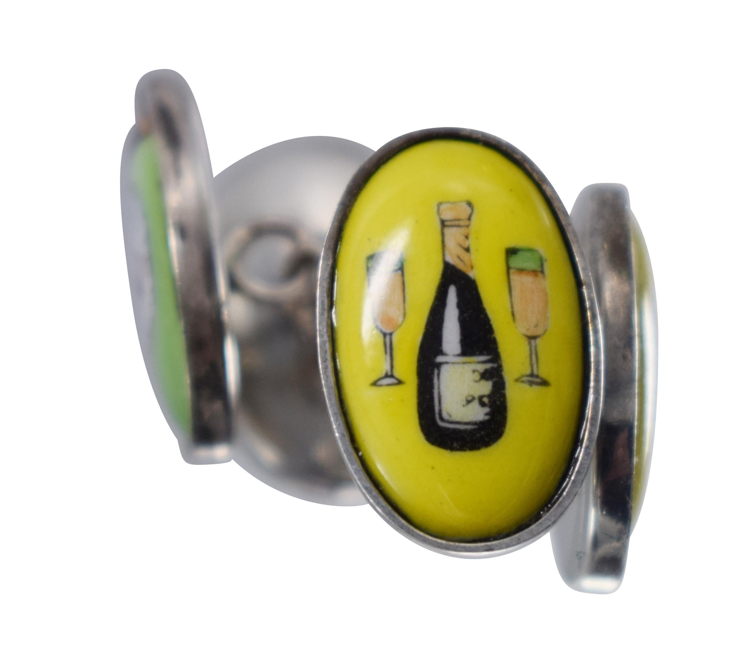 Art Deco Fine Quality 'the Four Vices' Gents Cufflinks in Sterling Silver and Enamel