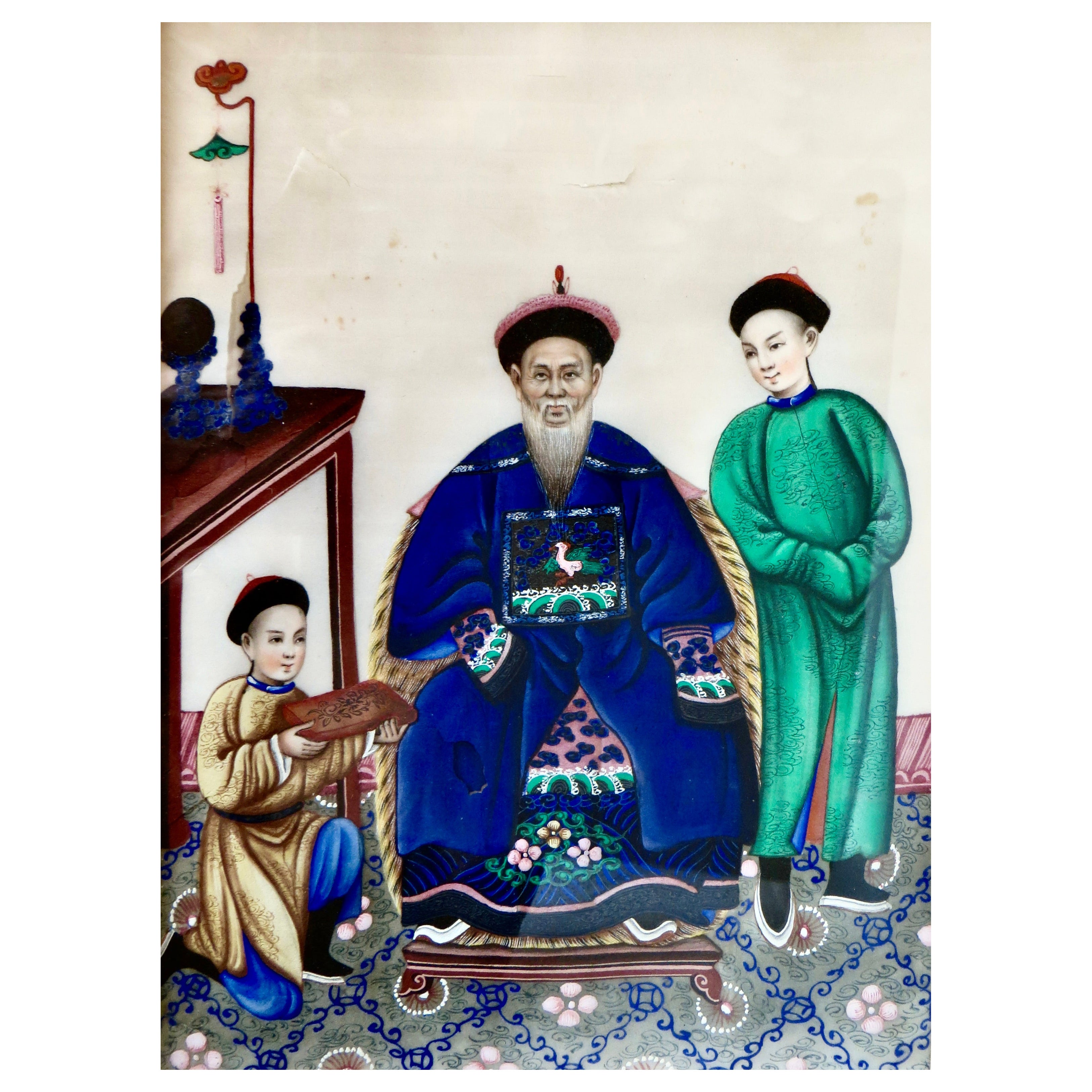 Fine Quality Three Character Mid-19thC Framed Chinese Water Color Pith Painting For Sale