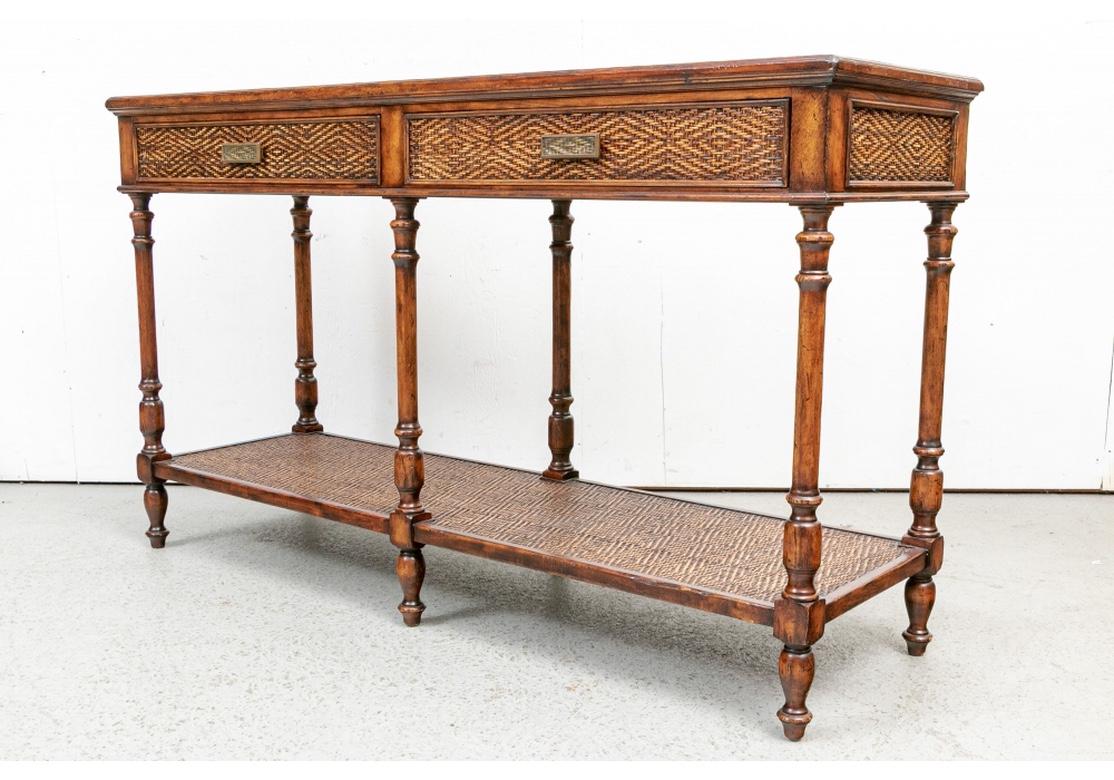 20th Century Fine Quality Tiered Wood Console Table with Woven Panels