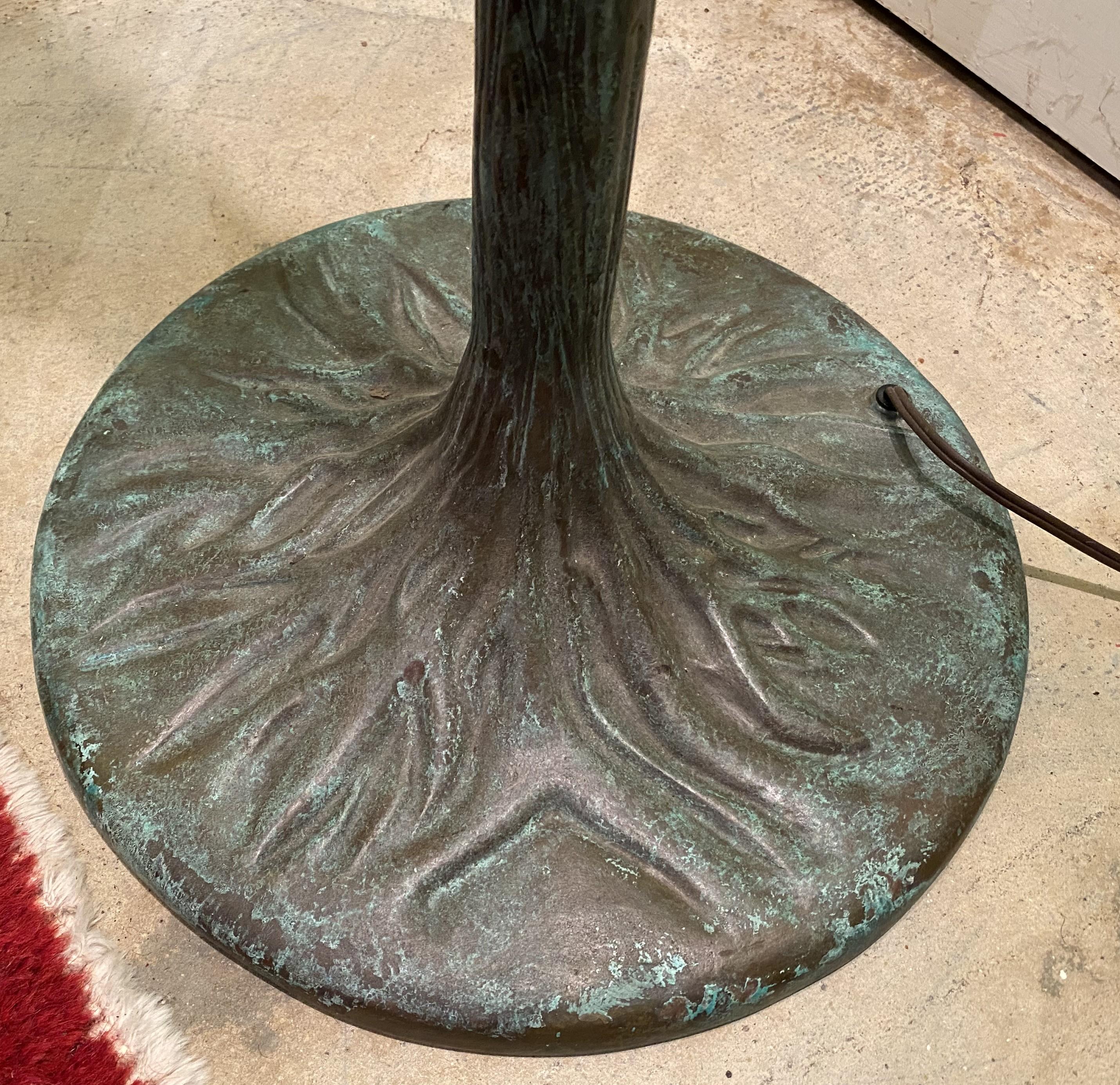 Patinated Fine Quality Tiffany Studios Style Lotus Leaded Glass Floor Lamp