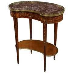 Fine Quality Two-Tier Kidney Shaped Mahogany and Satinwood Marble-Top Table