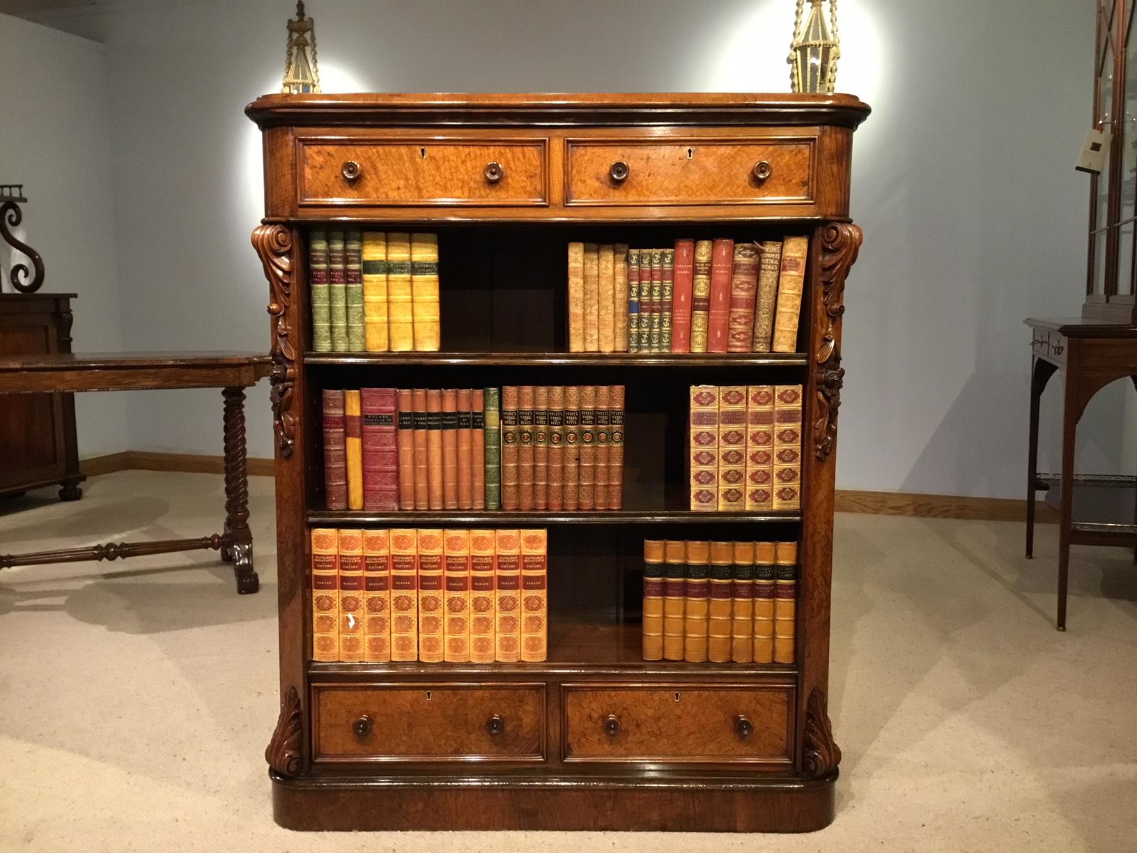 Fine Quality Victorian Period Burr Walnut Open Bookcase 11
