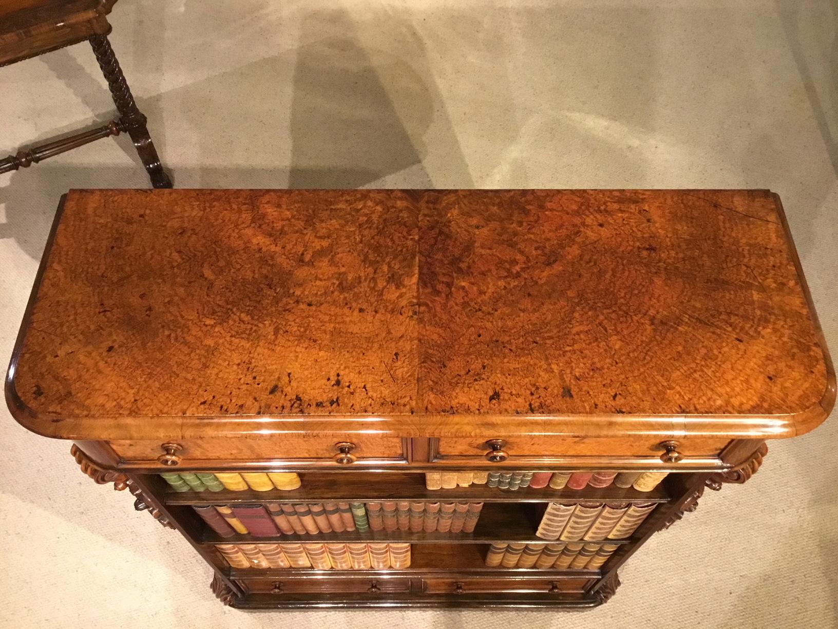 Fine Quality Victorian Period Burr Walnut Open Bookcase In Excellent Condition In Darwen, GB