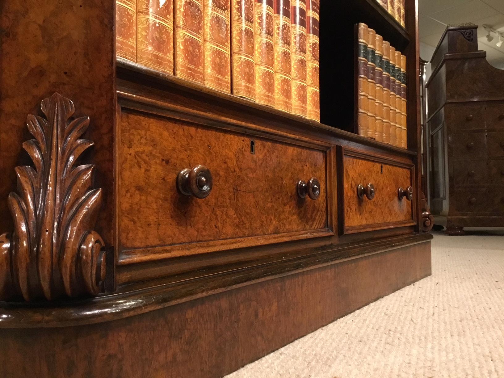 Fine Quality Victorian Period Burr Walnut Open Bookcase 4