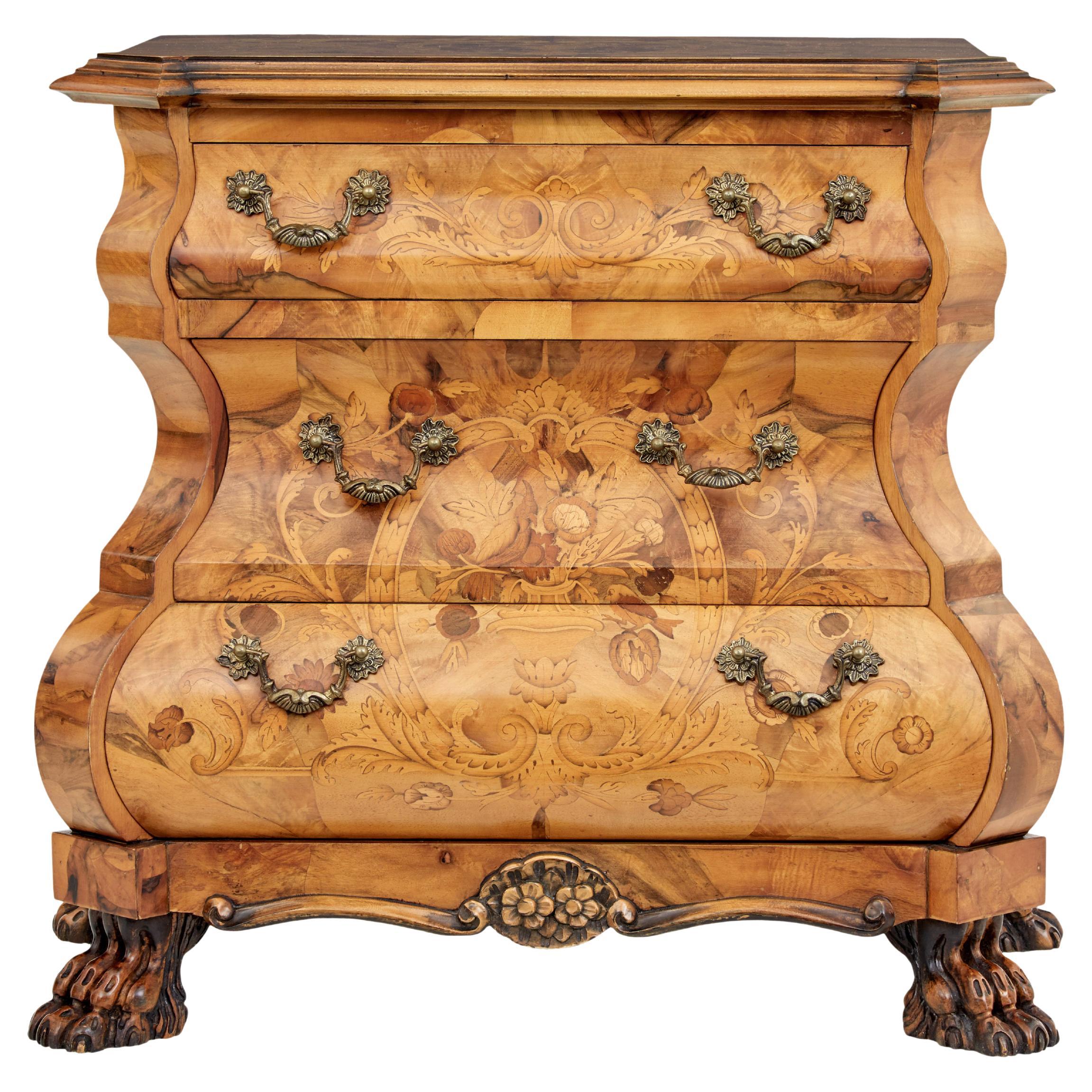 Fine Quality Walnut Inlaid Bombe Commode of Small Proportions