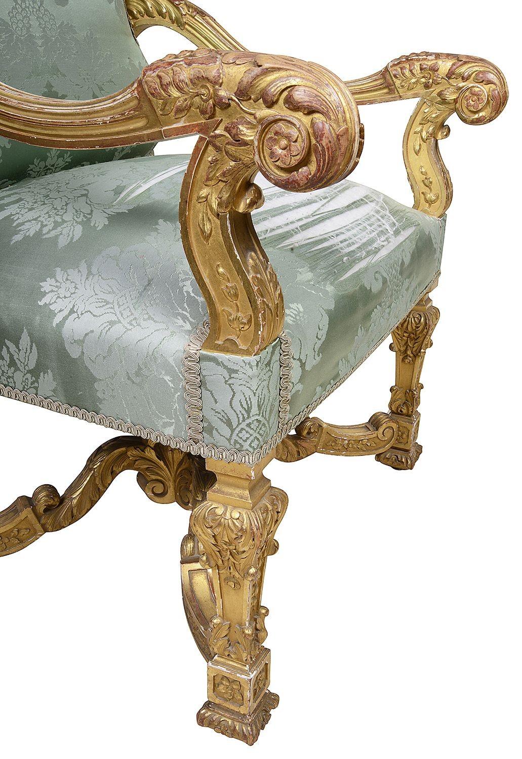 English Fine quality William and Mary style giltwood arm chairs, C19th Century For Sale