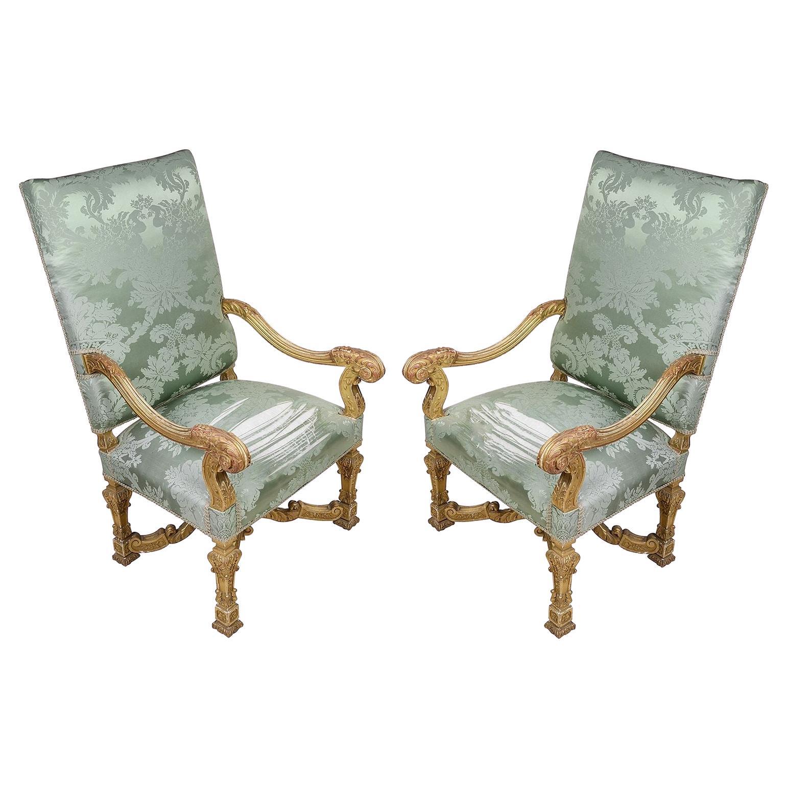 Fine quality William and Mary style giltwood arm chairs, C19th Century For Sale