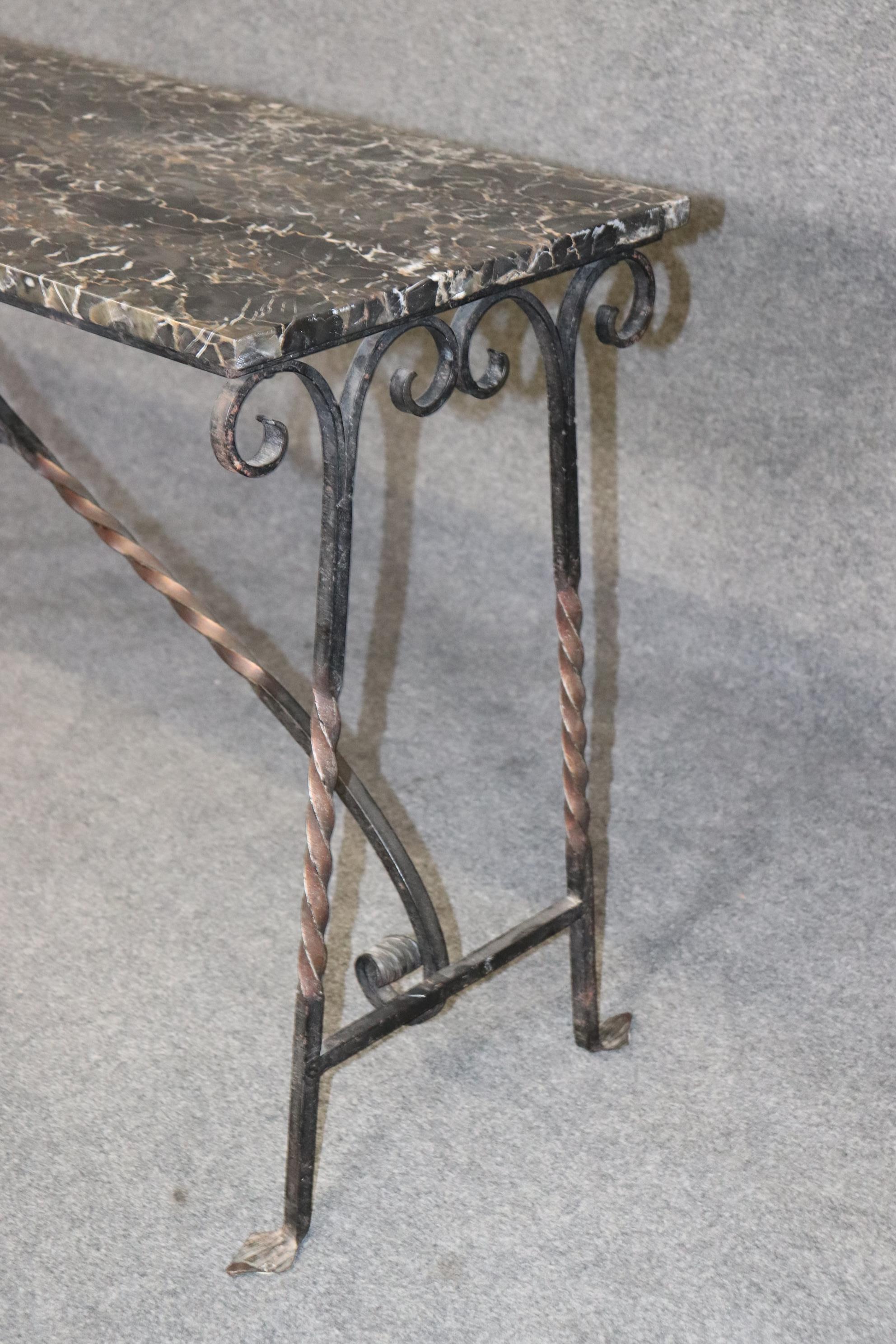 French Provincial Fine Quality Wrought Iron and Italian Portoro Marble Top Console Sofa Table 