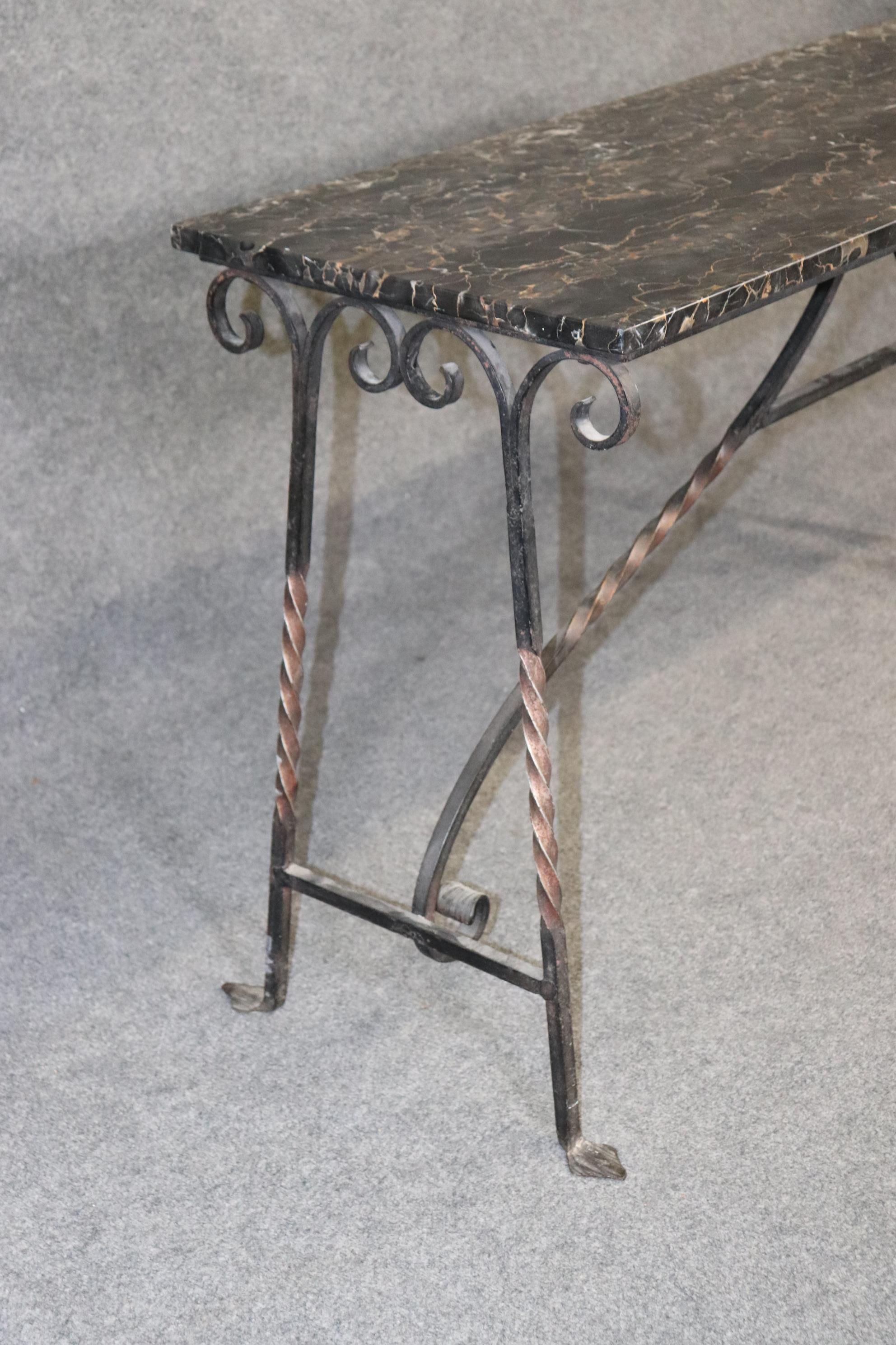 French Fine Quality Wrought Iron and Italian Portoro Marble Top Console Sofa Table 