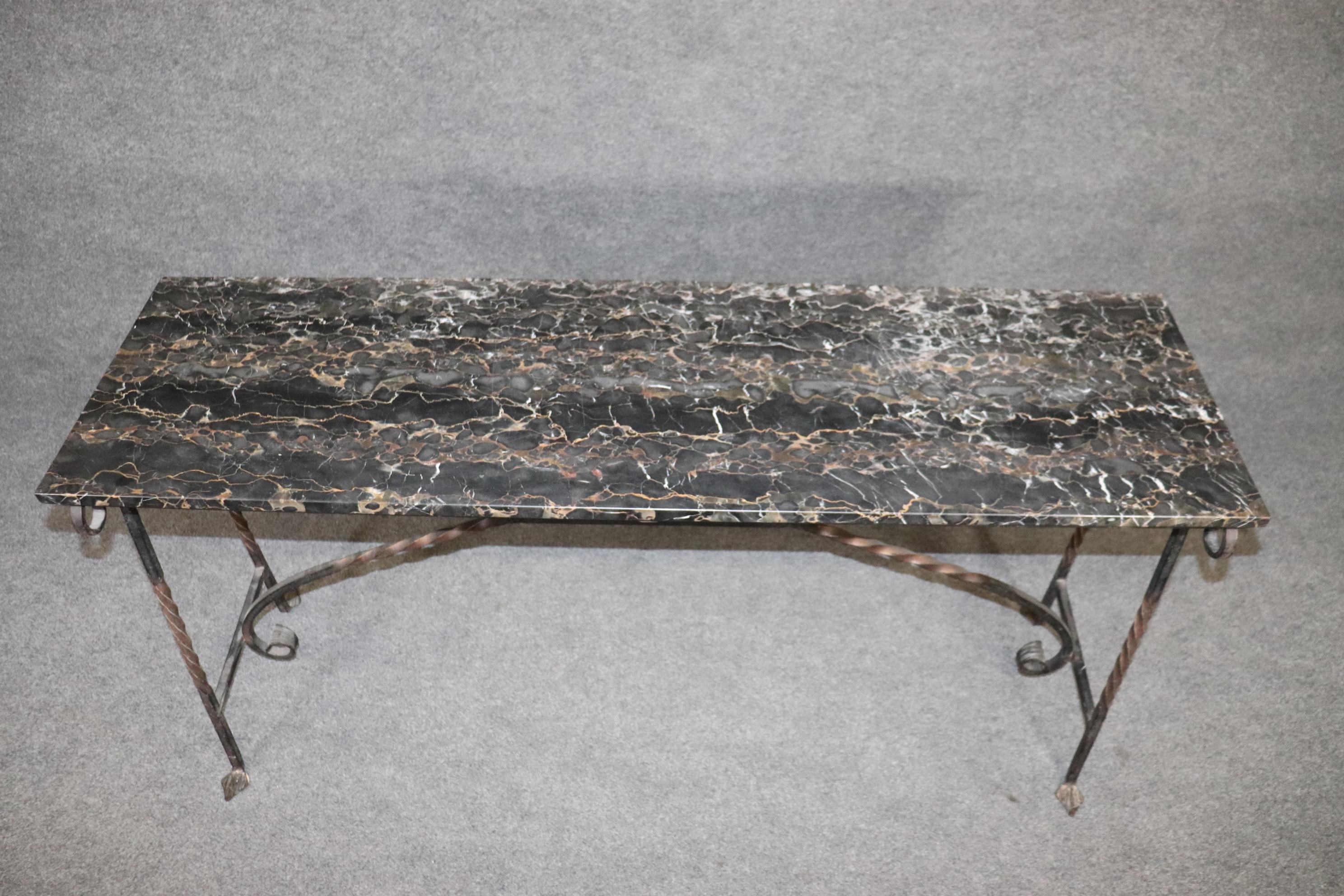 Fine Quality Wrought Iron and Italian Portoro Marble Top Console Sofa Table  In Good Condition In Swedesboro, NJ