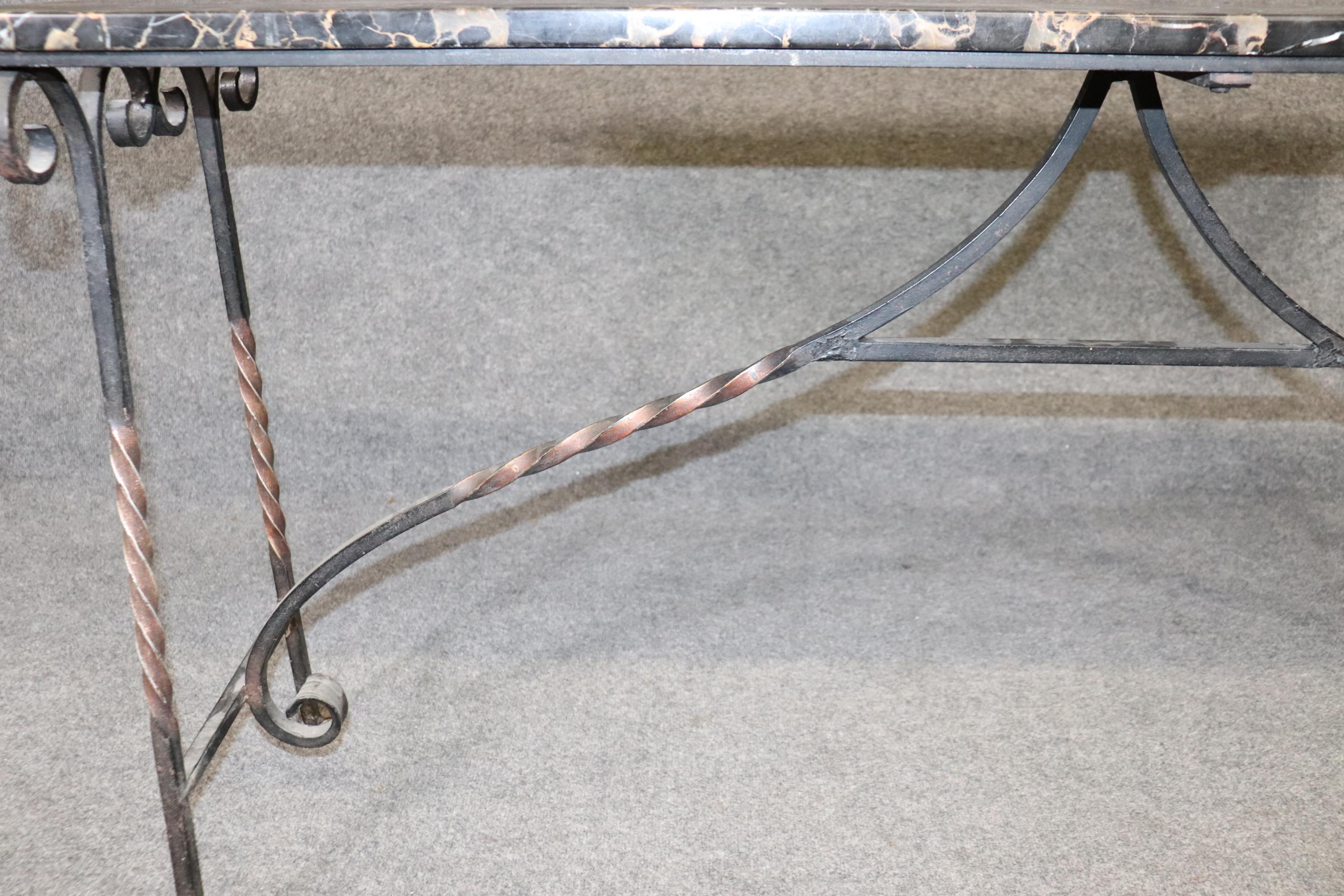 Fine Quality Wrought Iron and Italian Portoro Marble Top Console Sofa Table  1