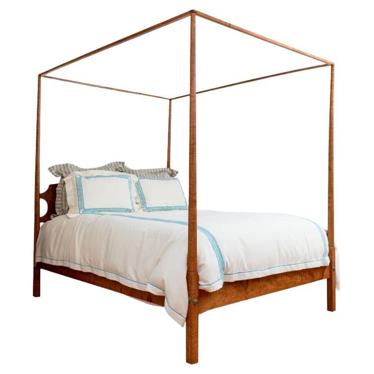 Fine Queen Octagonal Pencil Post Bed In Tiger Maple By Ian Ingersoll For Sale